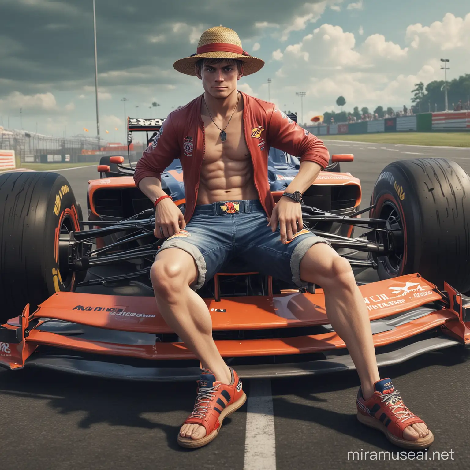 i need max verstappen in mode gear 5 of monkey d luffy in his car of f1 with title max x luffy