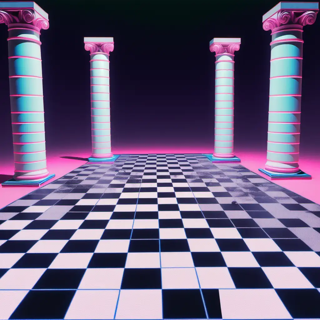 chessboard dancefloor. One ionic columns on the right side. One ionic column on the left side. roofless. vaporwave
