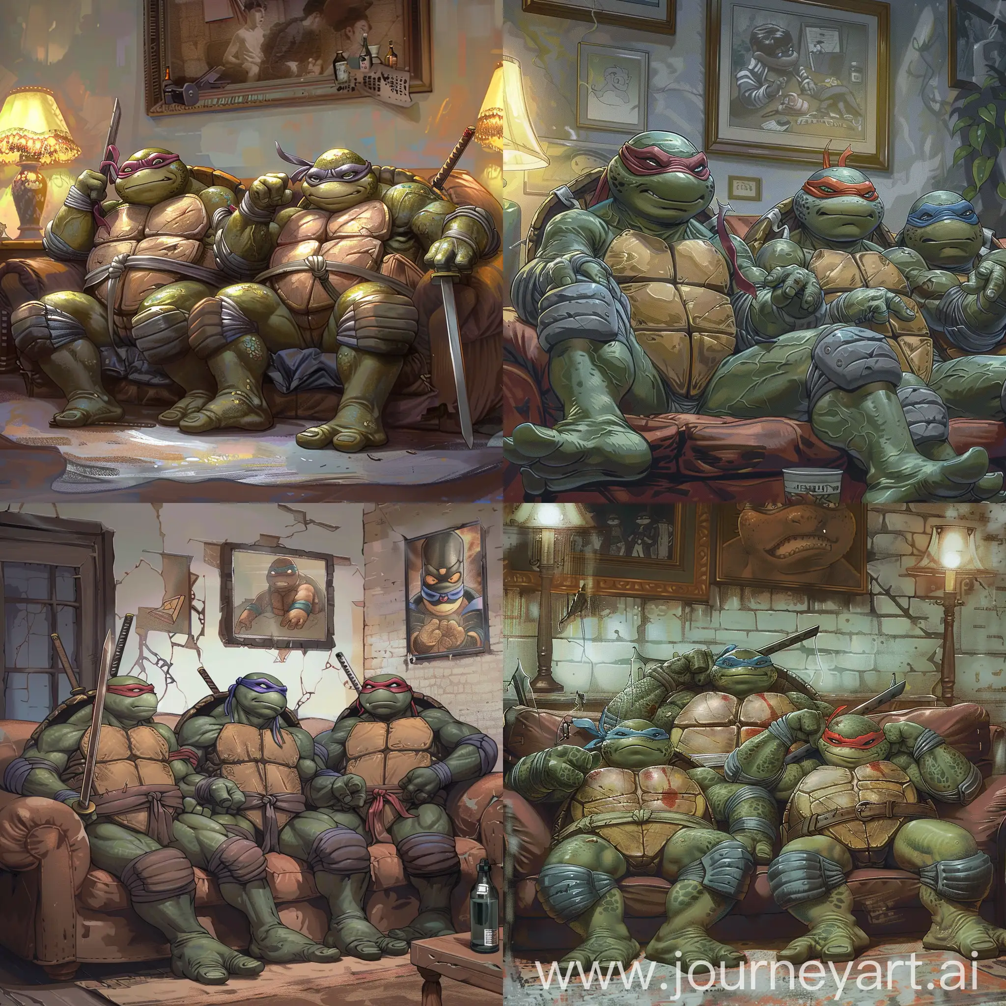 Aged-Ninja-Turtles-Relaxing-with-Anime-on-Couch