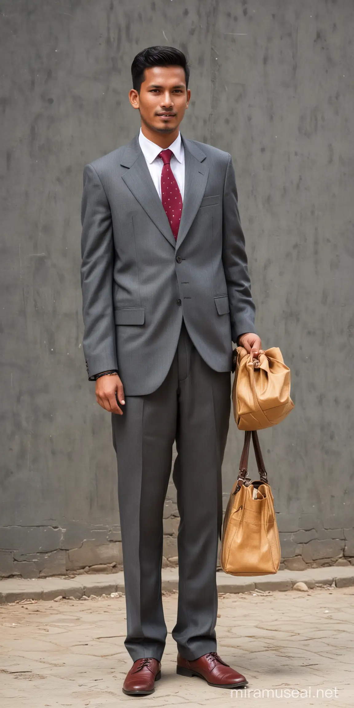 A Nepali man in suit dress 
Wearing bag 