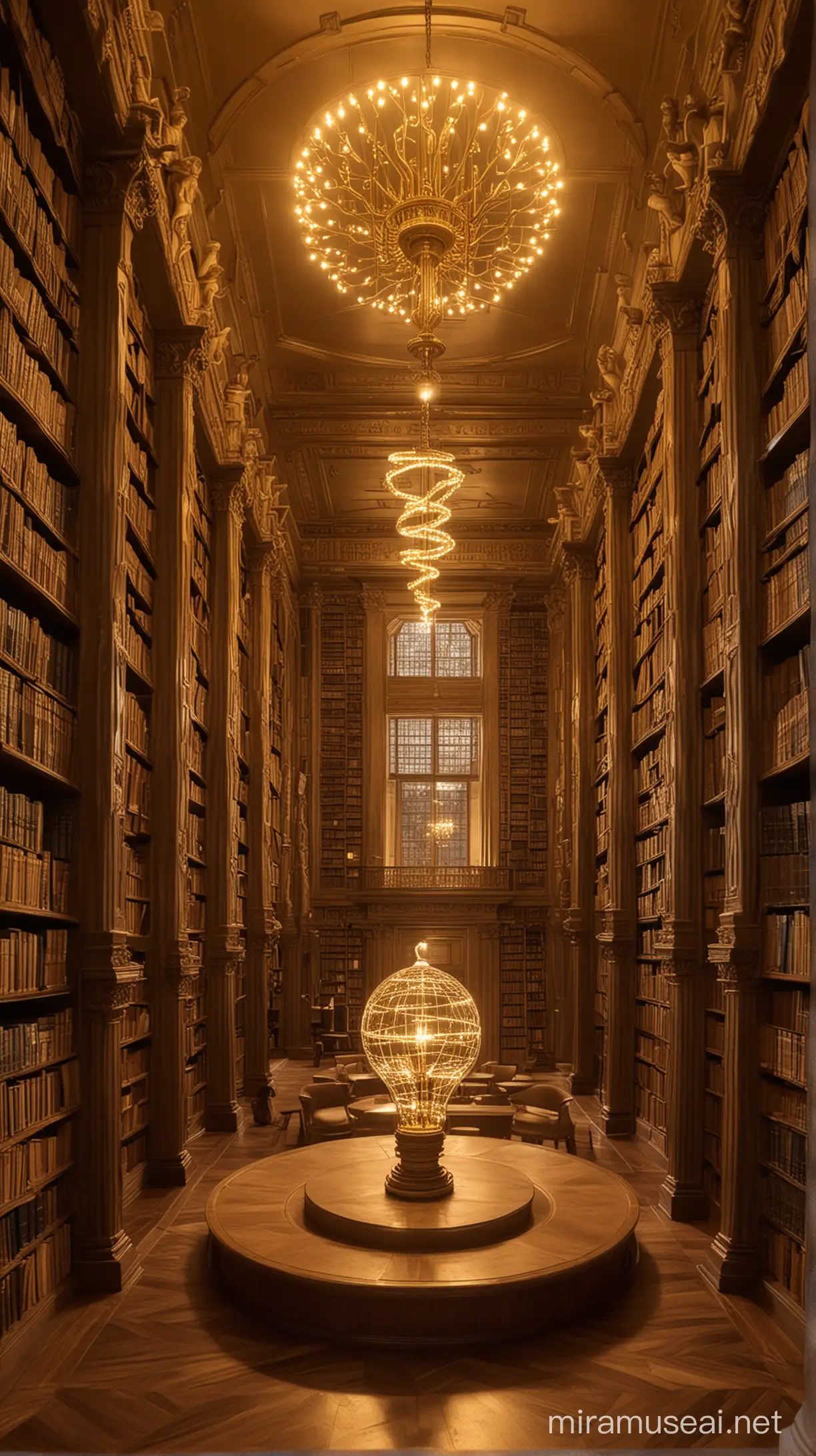 A majestic library filled with shelves upon shelves of books, in the center, a grand golden sculpture of a light bulb symbolizing the illumination of the mind through knowledge. This scene captures the essence of the phrase 'knowledge is power', illustrating both the vast potential of learning and the enlightenment that comes with understanding. The architecture of the library is reminiscent of ancient wisdom, with modern touches that signify the ongoing journey of acquiring knowledge.