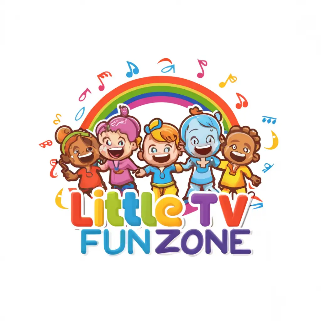 a logo design,with the text "LittleTV FunZone", main symbol:toddlers dancing singing on rain bow colour back ground,complex,clear background