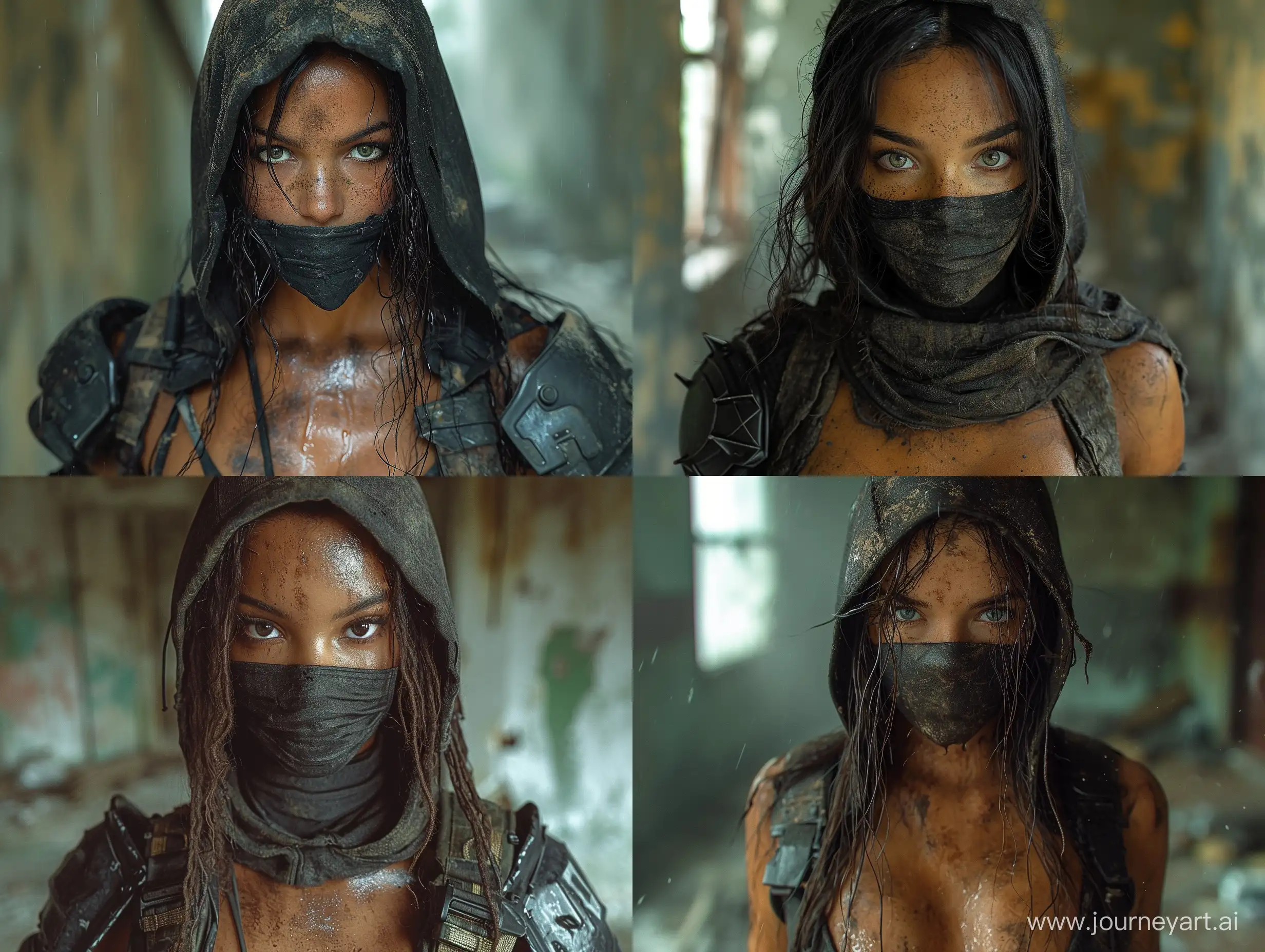 realistic beautiful mulatto dirty skin female Sheva Alomar as mercenary in black platecarrier neckline black facemask hoodie dark abandoned room --s 999 --style raw --v 6