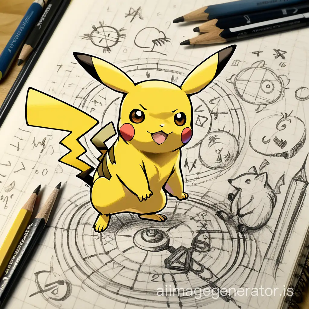 Sketchbook Style, Sketch book, hand drawn, dark, gritty, realistic sketch, Rough sketch, mix of bold dark lines and loose lines, bold lines, on paper, turnaround character sheet, pokemon pikachu, a yellow mouse, Full body, arcane symbols, runes, dark theme, Perfect composition golden ratio, masterpiece, best quality, 4k, sharp focus. Better hand, perfect anatomy. blue and white