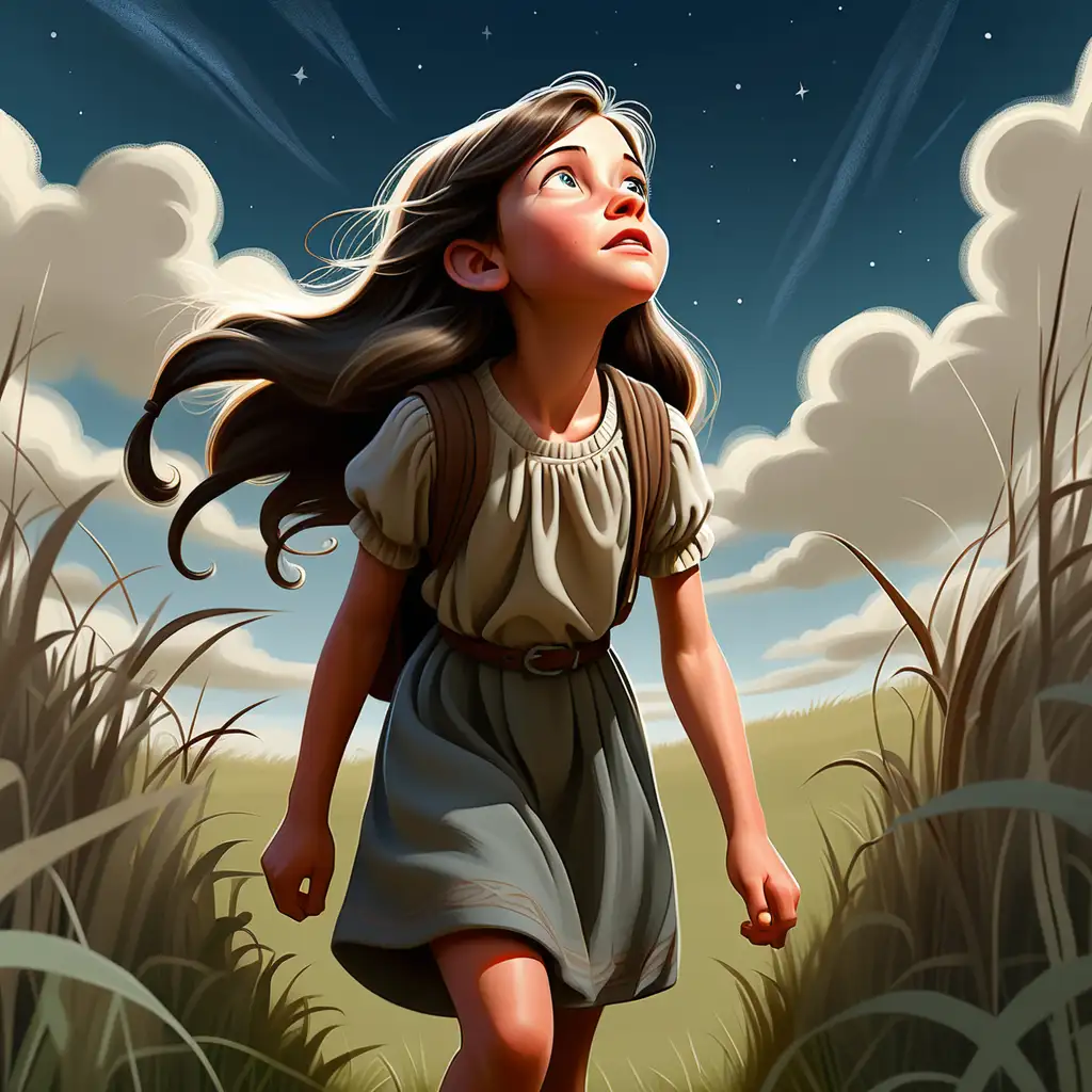 10 year-old girl who looks like Joslyn Arwen Reed, walking away through the grass, looking up at the sky, children's story book, illustration