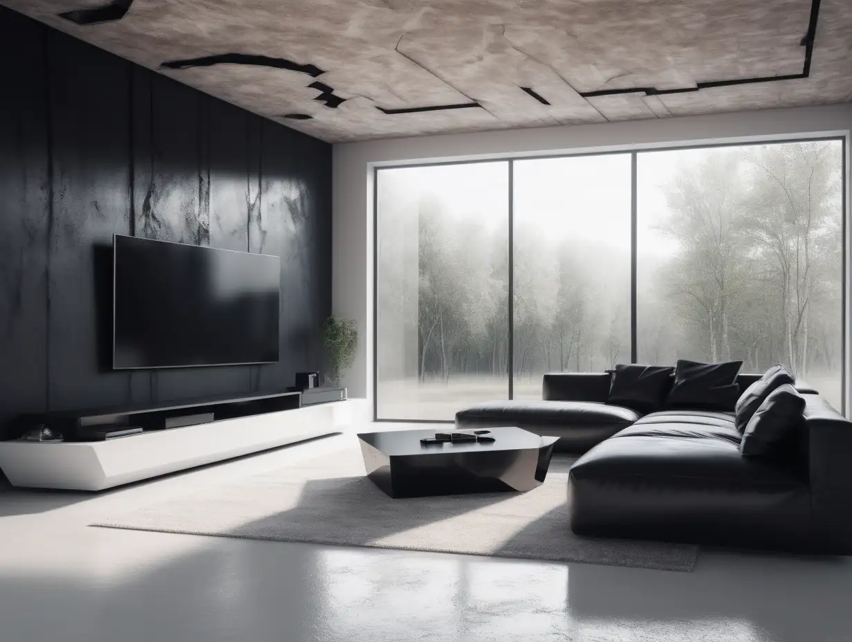 Most futuristic design interior, living room, Smart television, broken white tone, Black Sofa, rustic, clean view, Smart home concept, Split tonning, --v 6