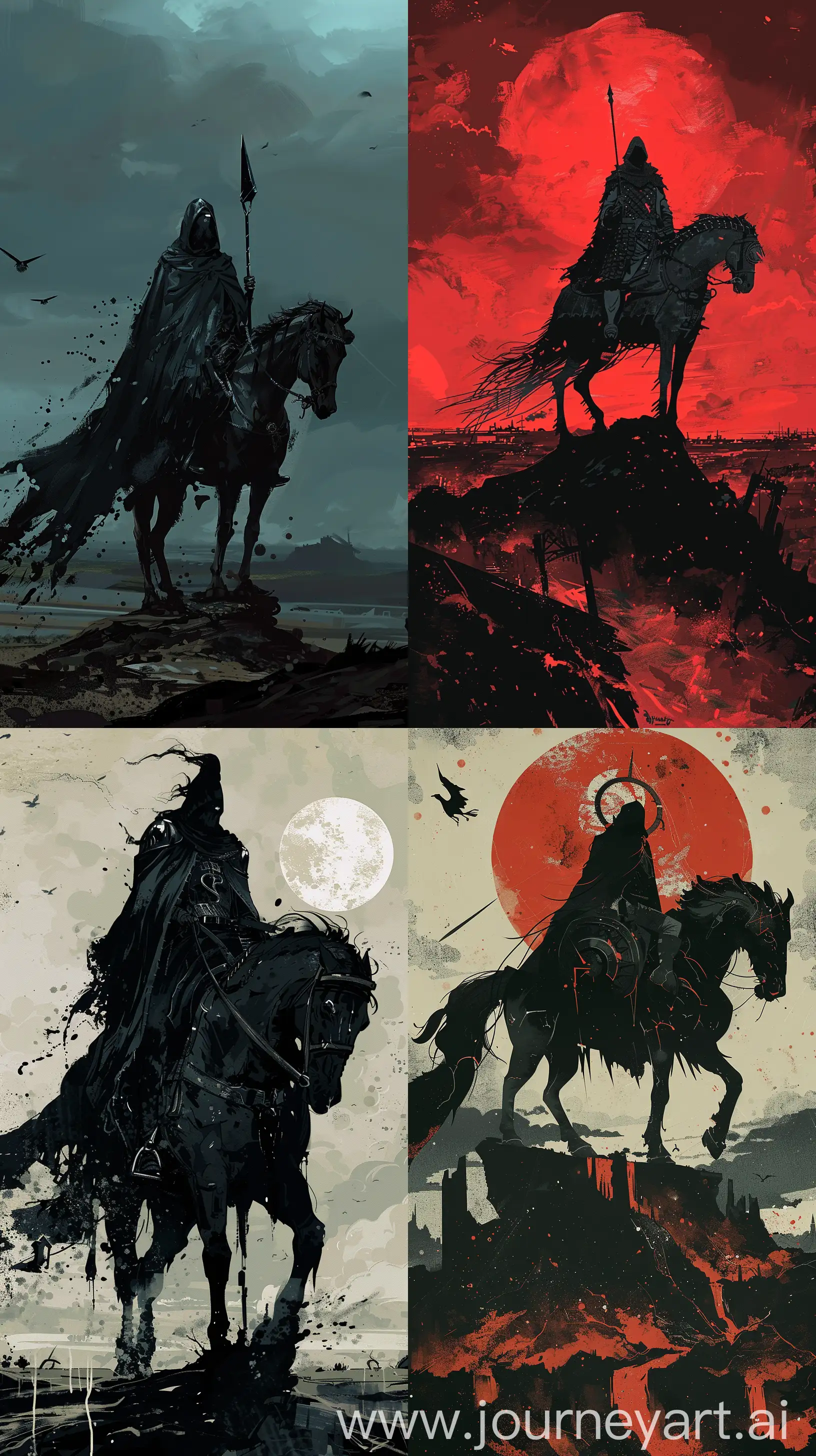Sam toft art style painting of Depict a reimagined version of one of the Four Horsemen of the Apocalypse, adhering to Mignola's aesthetic. The character should be striking, with solid blacks and a minimalistic approach, set against a landscape that reflects the horseman's domain, whether it be war, famine, pestilence, or death. 8k uhd Maximalist Details, phone wallpaper, --ar 9:16