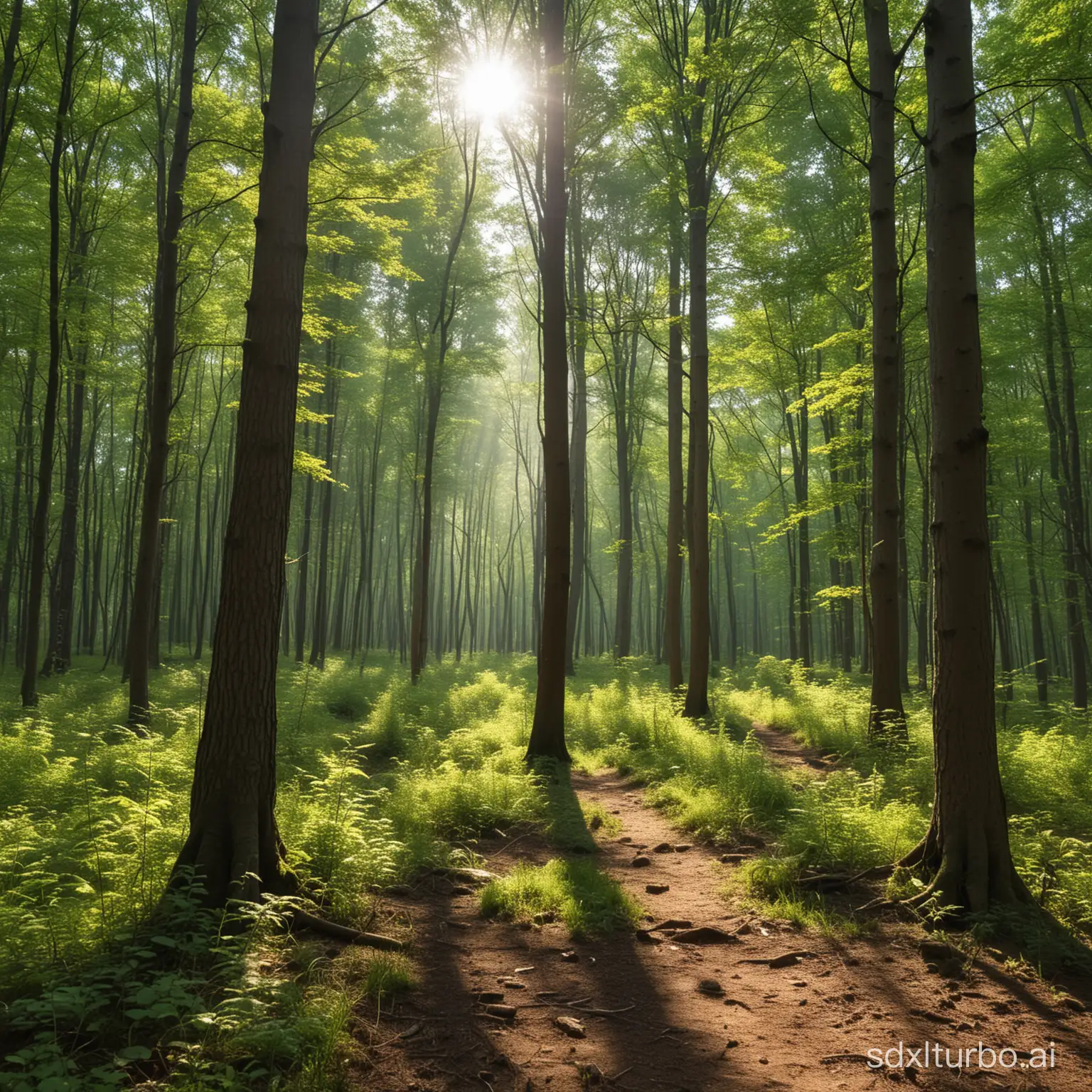 Tranquil-Summer-Forest-with-Sunlight-Filtering-Through