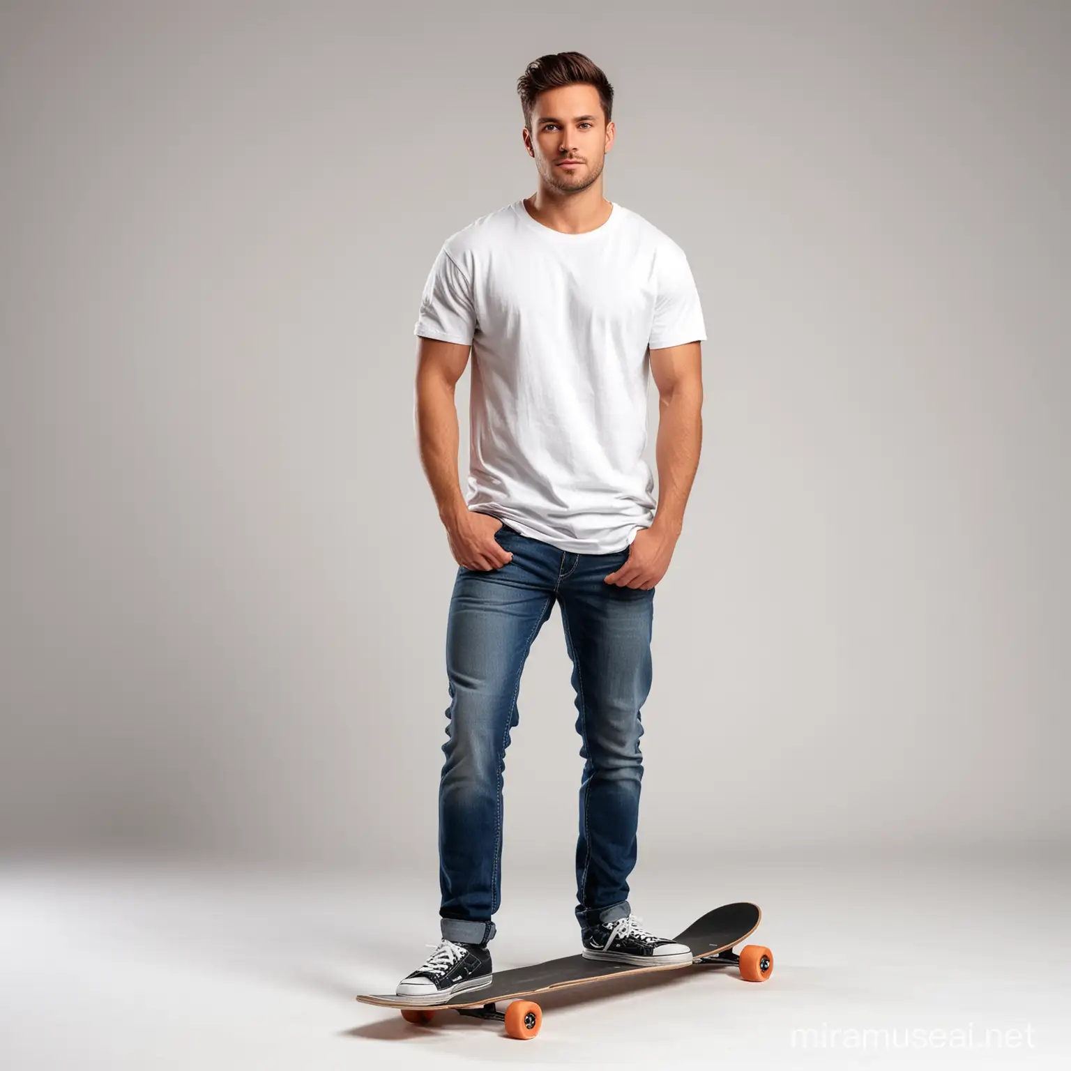 Standing photorealistic attractive man 25 years old in jeans and plain white t-shirt without pockets holding longboard in hand, full body front view including shoes perpendicular to lens in photo studio on white background.