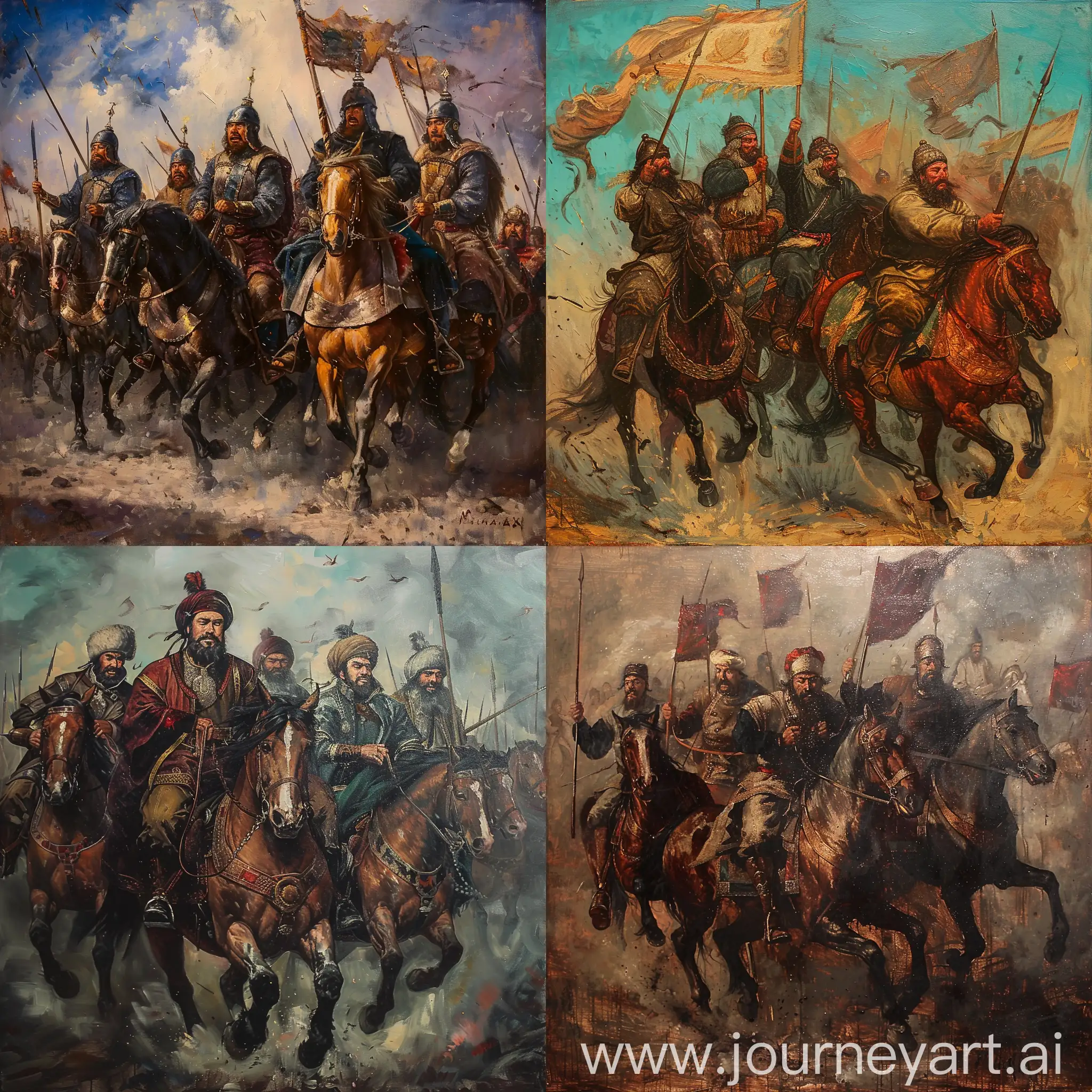 Kazakh khanate warriors on horse during battle, oil painting, renaissance style