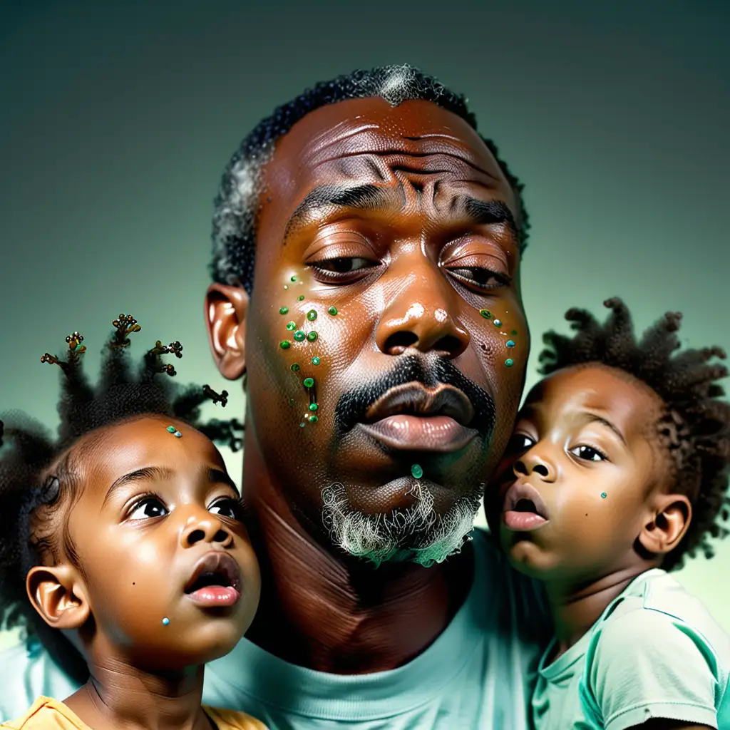 Generate an image of an unassuming black father with his kids taking a deep breath, but enhaling strange, tiny micro-organisms that are floating all around them