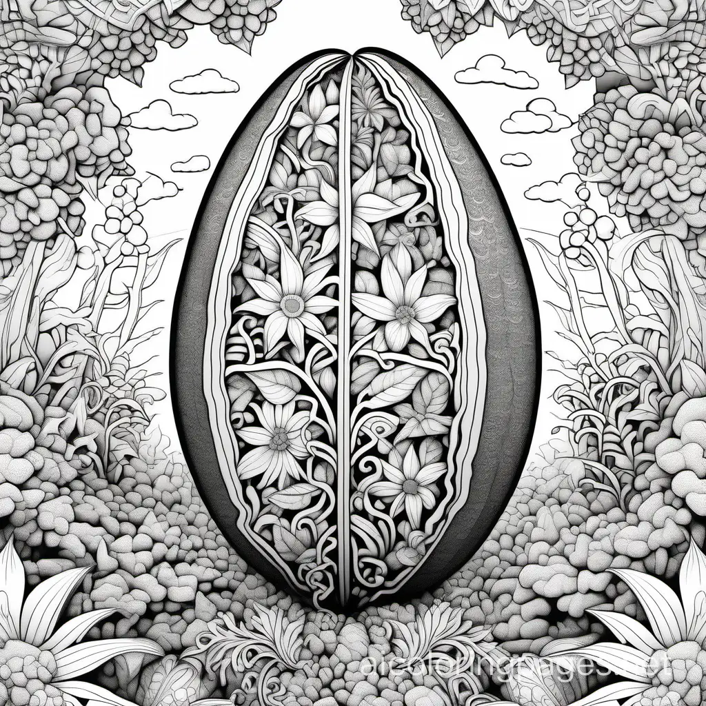 a flower garden within, placed entirely inside a giant papaya made of fractals; detailed, hyper-realistic, UHD, merging surrealism, science fiction, and fairy tale , Coloring Page, black and white, line art, white background, Simplicity, Ample White Space. The background of the coloring page is plain white to make it easy for young children to color within the lines. The outlines of all the subjects are easy to distinguish, making it simple for kids to color without too much difficulty
