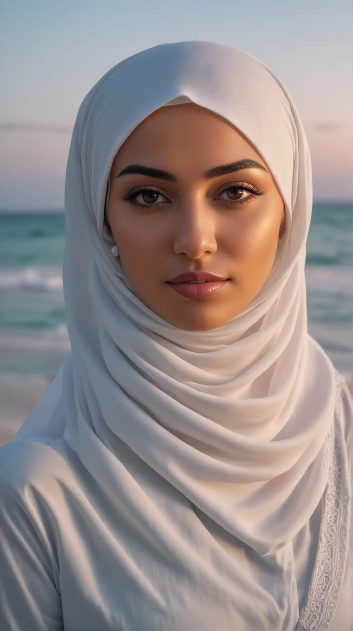 Perempun cantik memakai hijab muslimah dengan latar belakang pantai di sore hari. Gambar 4k