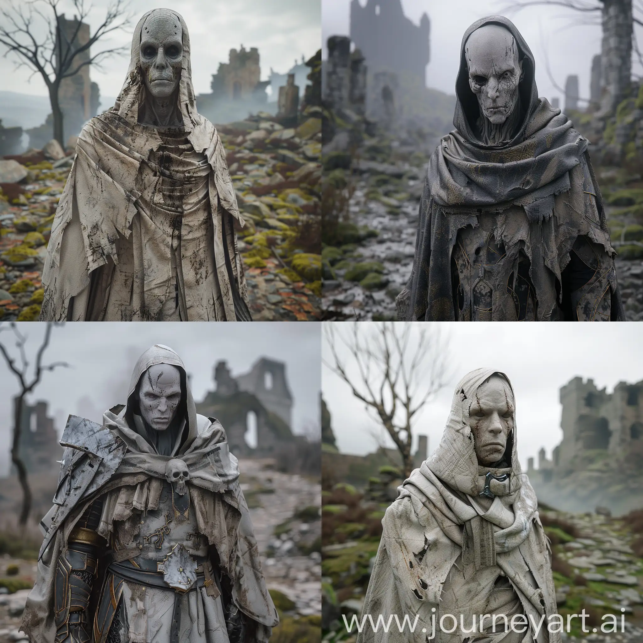 masterpiece, hyper realistic, high poly, highly detailed, 4k, high resolution, lifeless, featureless face, dark fantasy, scorcerer, tattered robes, desolate, empty, holy, light armour, fantasy, humanoid, old, broken armour, torn fabric, time worn, ultra realistic, unreal engine 5, cinematic lighting, volumetric fog, moss, abandoned ruins, destroyed ground, dead trees, no life, uneven terrain,, magic, destroyed castle ruins in background