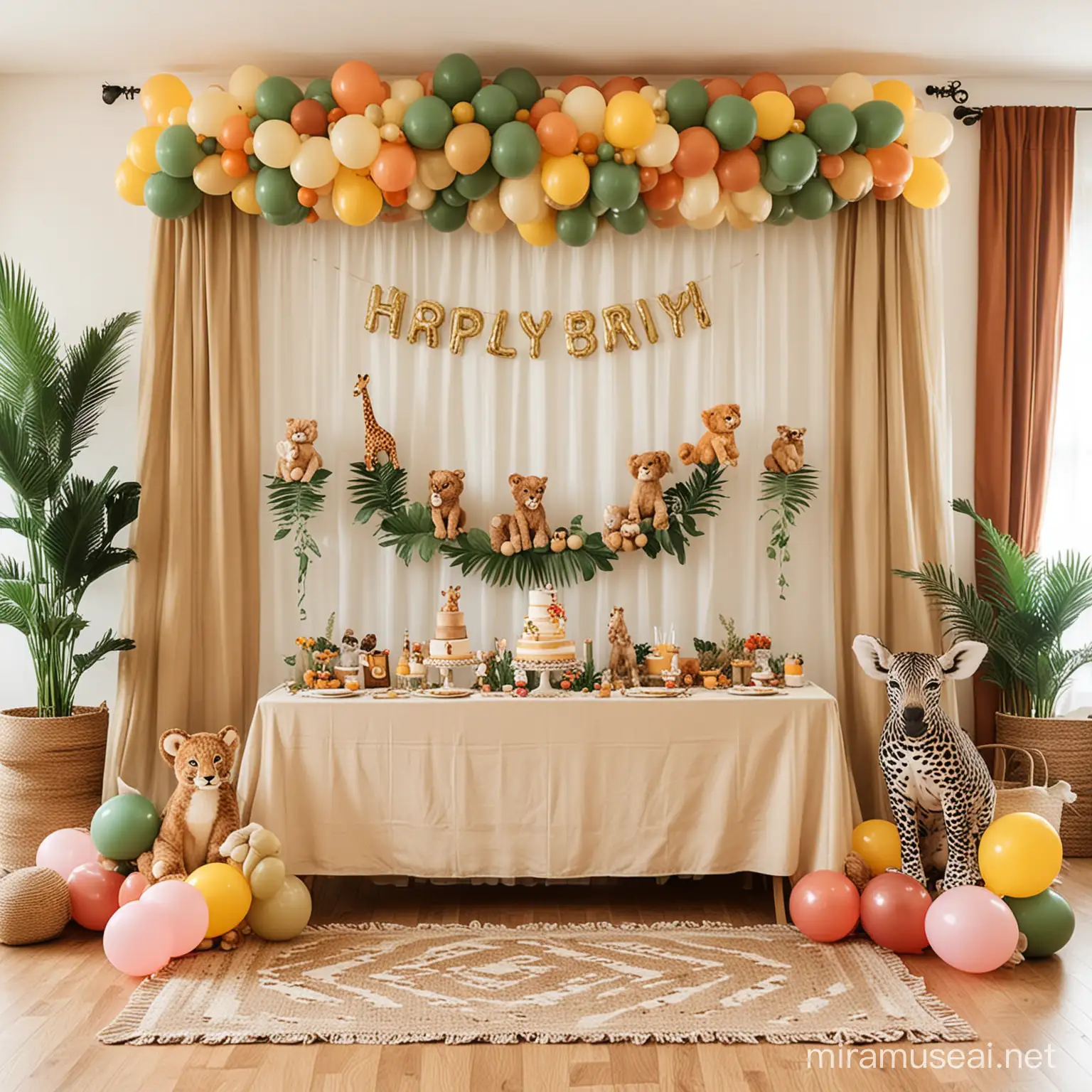 Create a picture of a babyshower with baby animal safari djungle theme in pastell colors of beige, brown, green and yellow. The picture should include ballons and other decorative pieces of decorations suited for a nonspecific gender. In the background you can see red curtains on white walls which should be decorated. On the long table that is beautifully and bohemian and elegant set with matching theme.