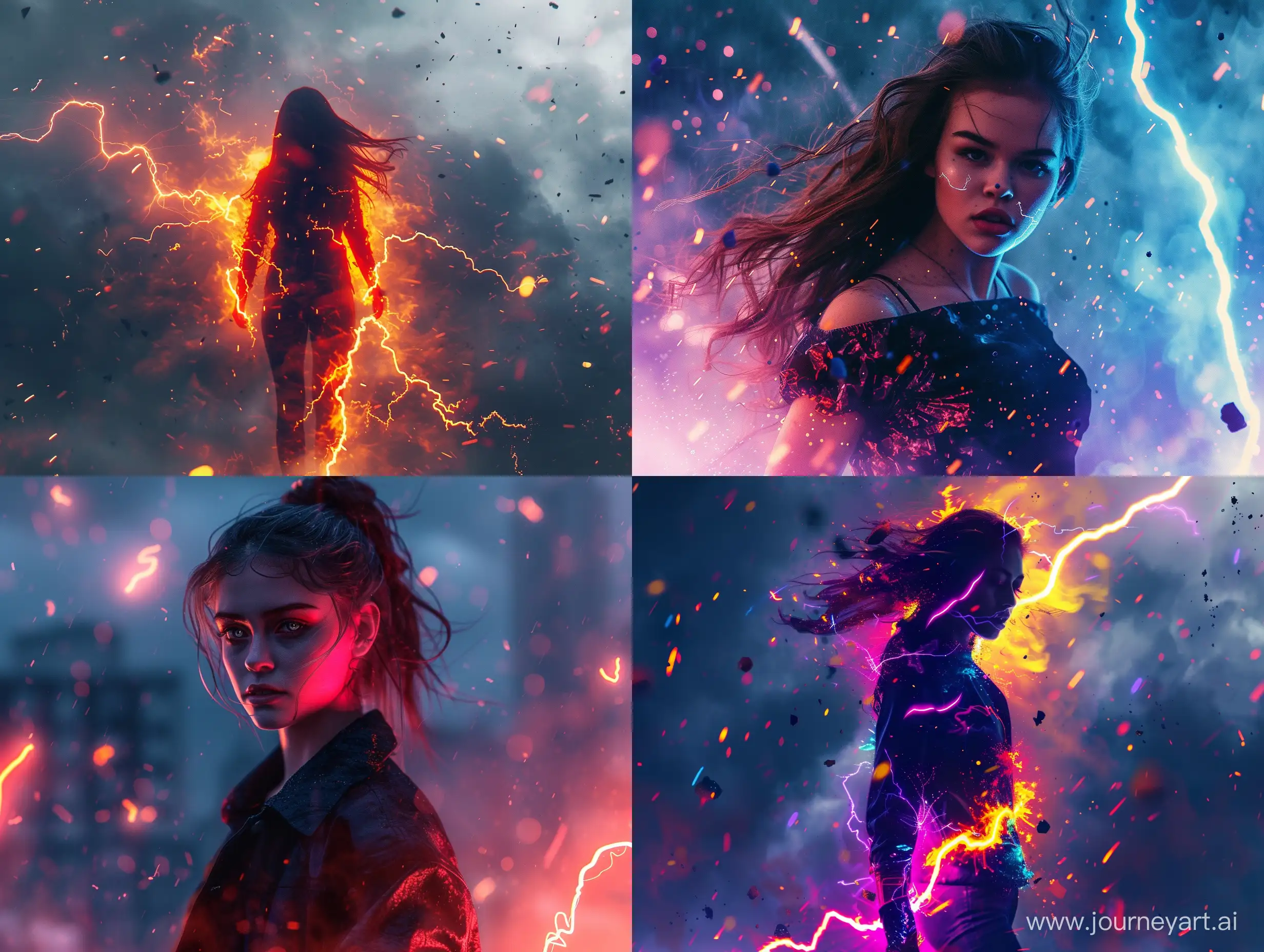 photorealistic image of stunning 21 years old girl, neon lightning, explosions, thunderstorm, flying small particles, high resolution, high quality, lots of small details, full body visible