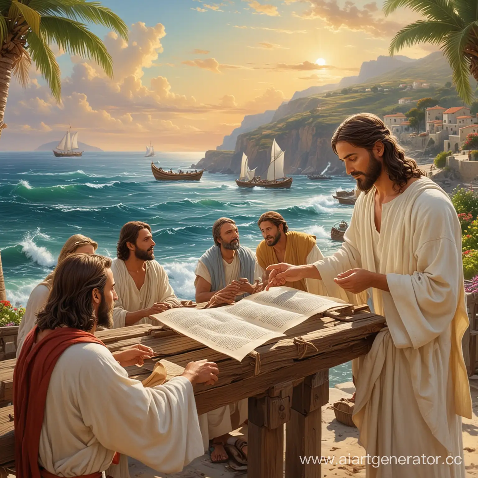 красивый Иисус читает свиток народу красивый пейзаж море лотки
