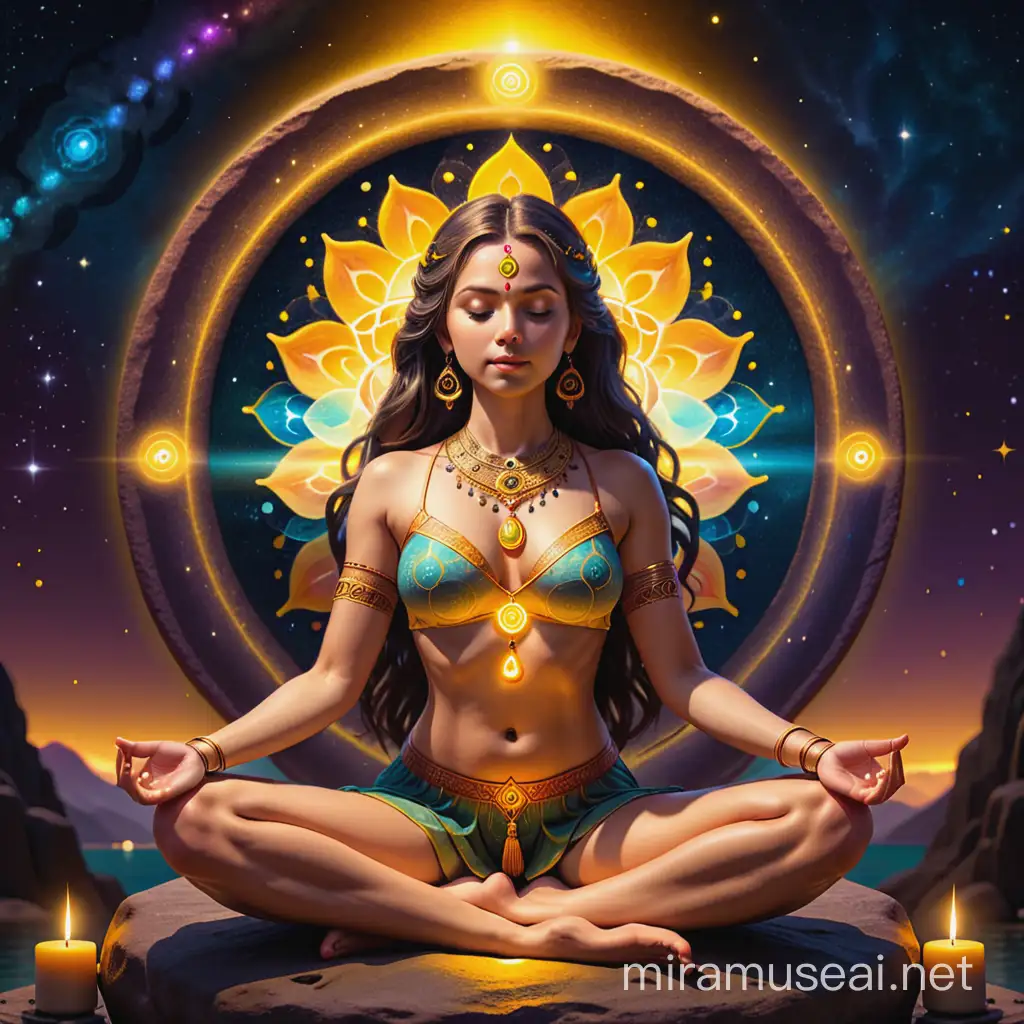 splendid goddess, in meditation, sitting on a rock, against the yellow light of the evening, in the dark cosmic background, mandala with the chakras, 8k, hdr.