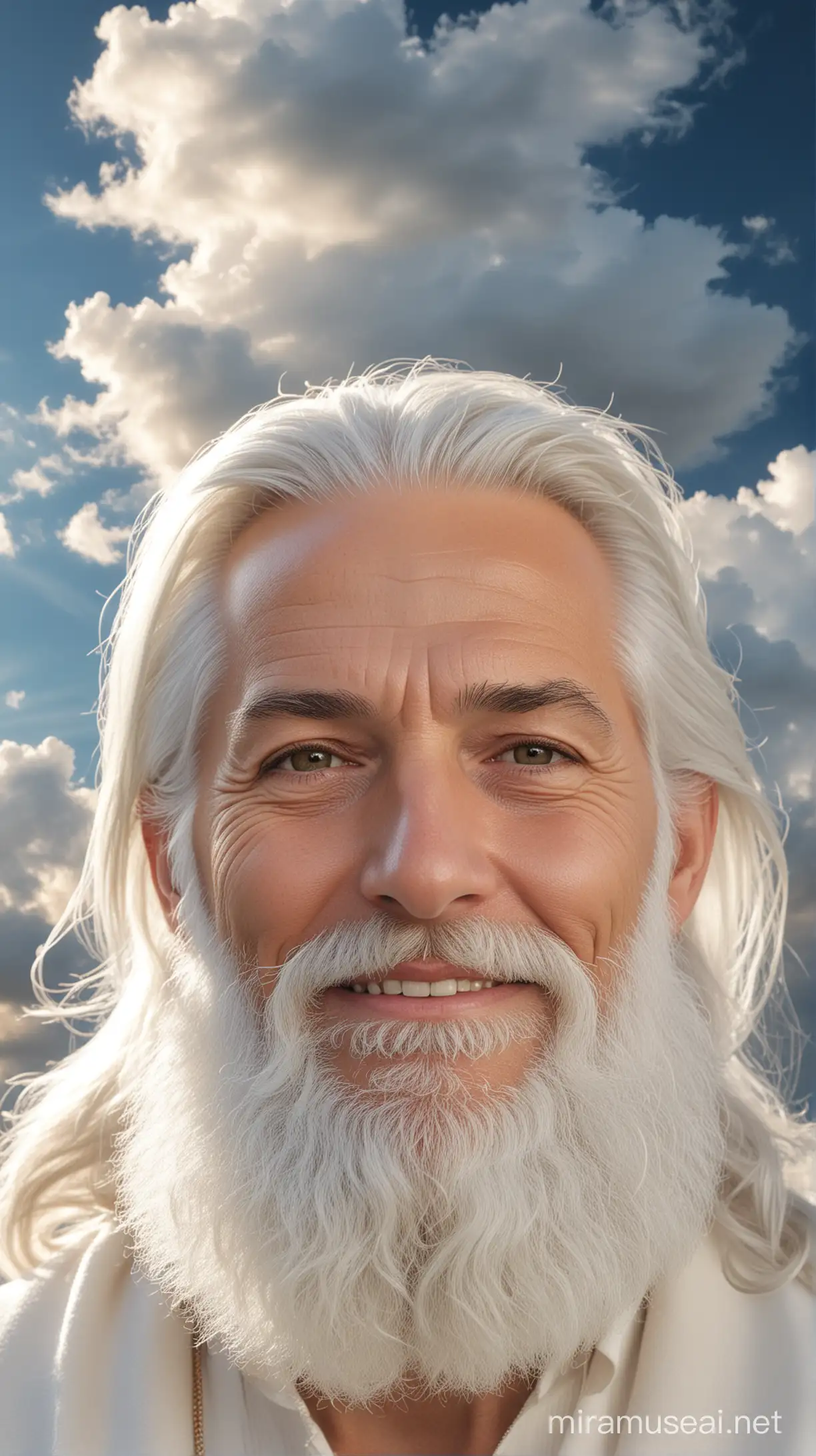 Hyper-realistic photo of God. Subject has a handsome face and contented peaceful smile. Subject has a long white beard. Subject is directly facing the camera. Heavenly clouds and glowing sunlight in background. High definition, raw style.