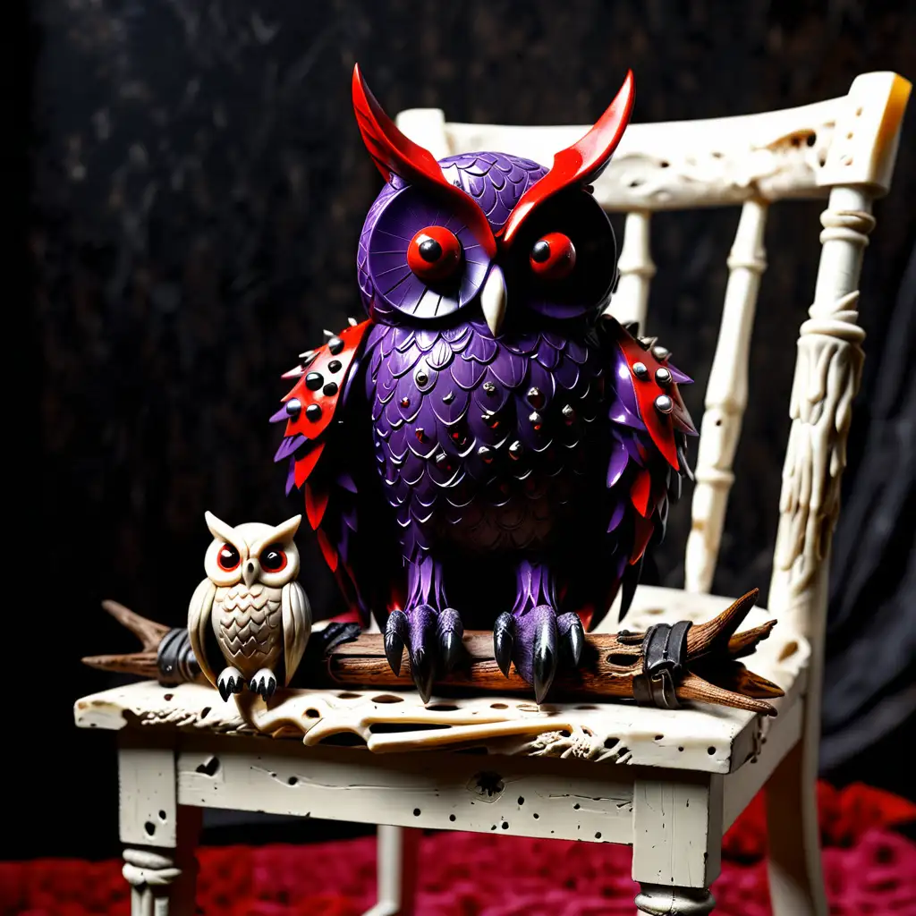 Colorful Owl Perched on Chair with Spiked Back