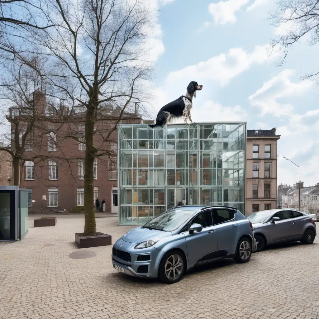 Imagine on top of  this old building a tiny glass house in the style of MVRDV architects. It's a sunny day. 
PLace a English setter  in front of the building.