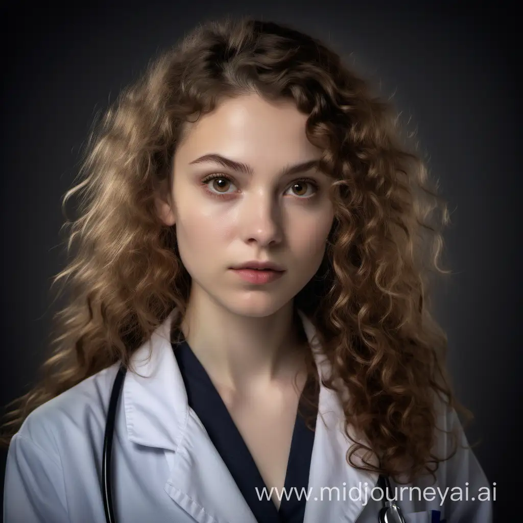 young woman, delicate features, light brown eyes, light brown long wavy big bushy curly hair, serious stern expression, pale skin, lab coat, high cheekbones