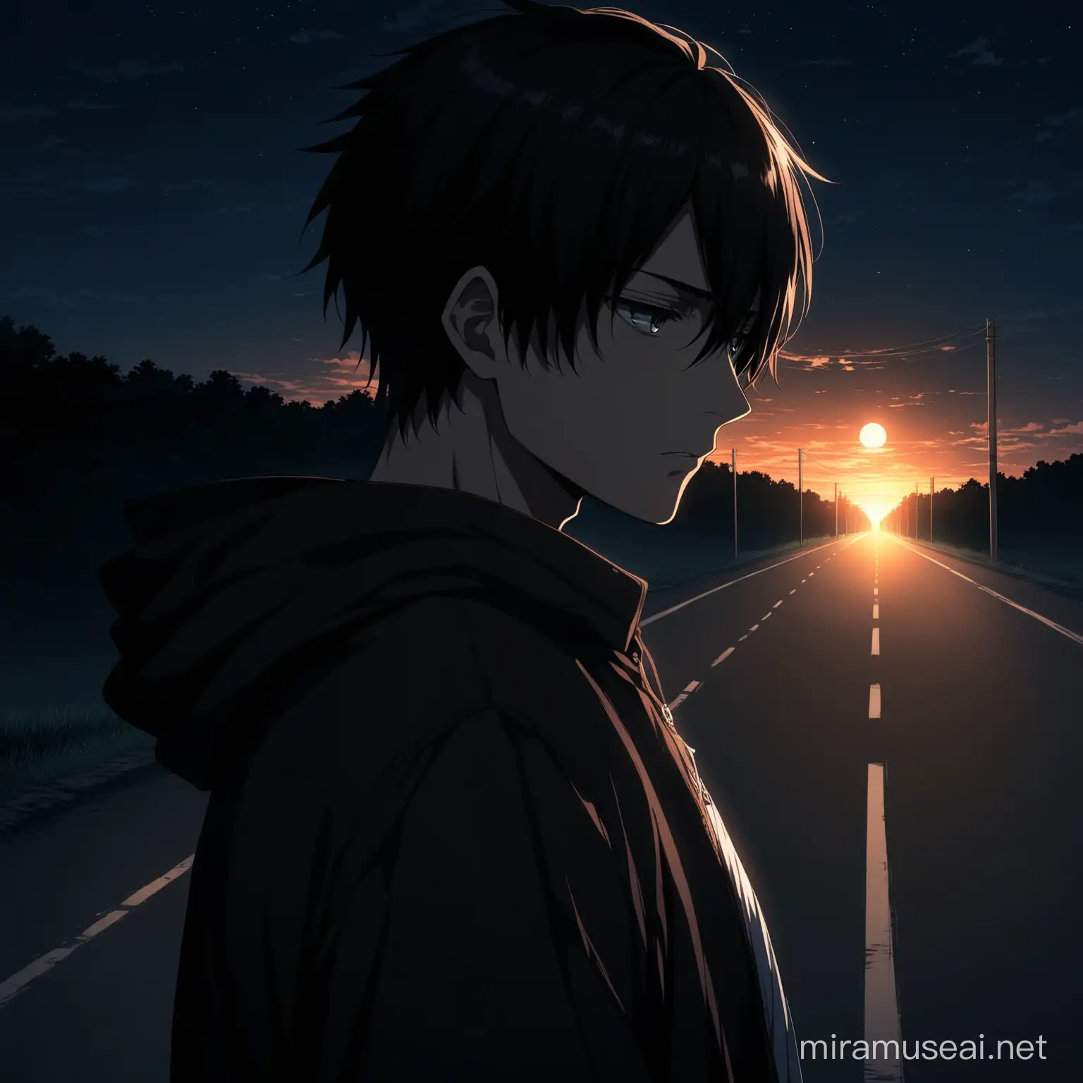 Anime male Sad looking at dark road