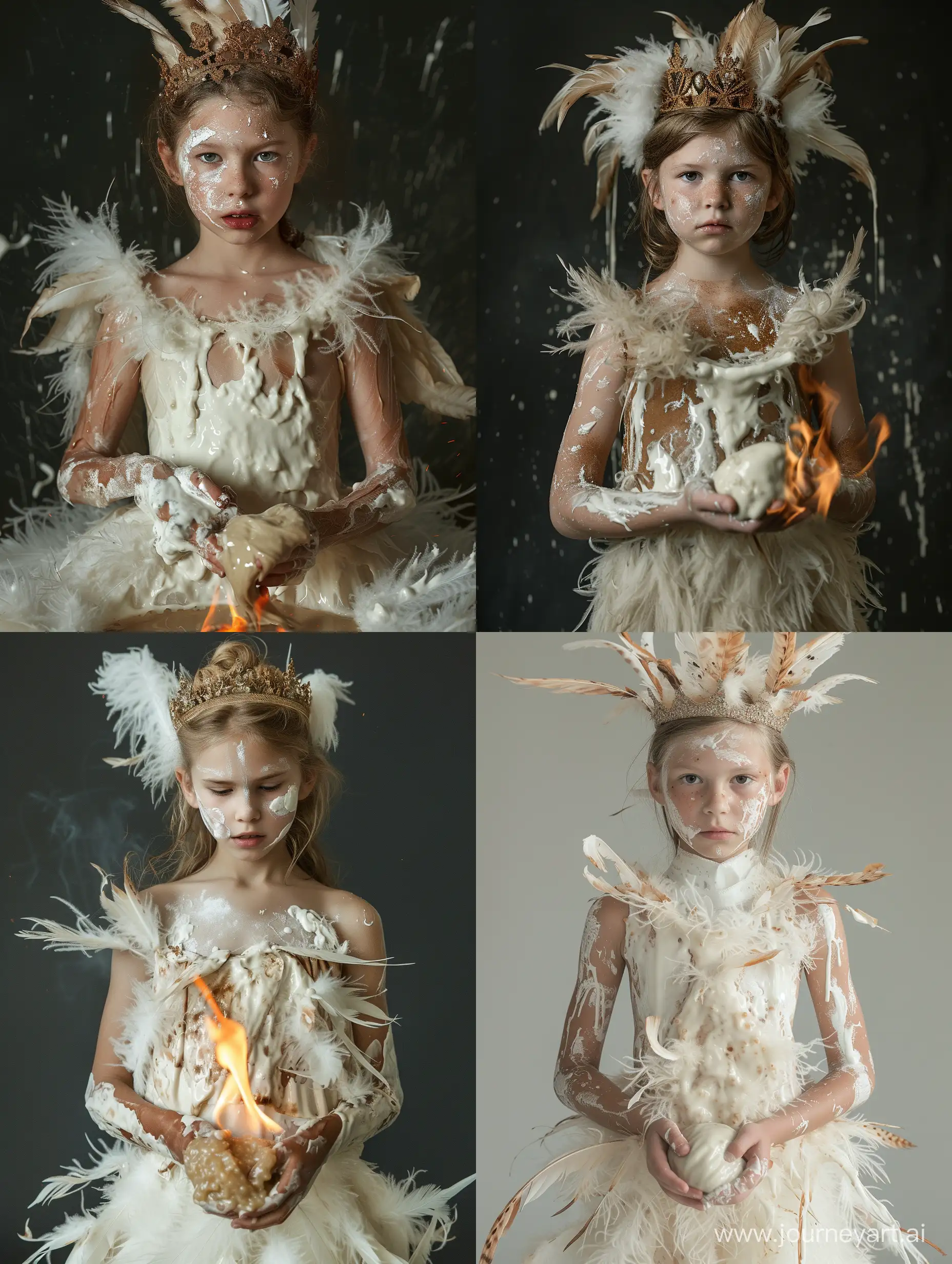 высокодетализированный 
фэшн портрет по пояс. девочка 12 лет, в перьях, с короной. заляпанная белой краской. платье на ней горит. в ее руках комок липкой белой слизи . фэшн фотография.
