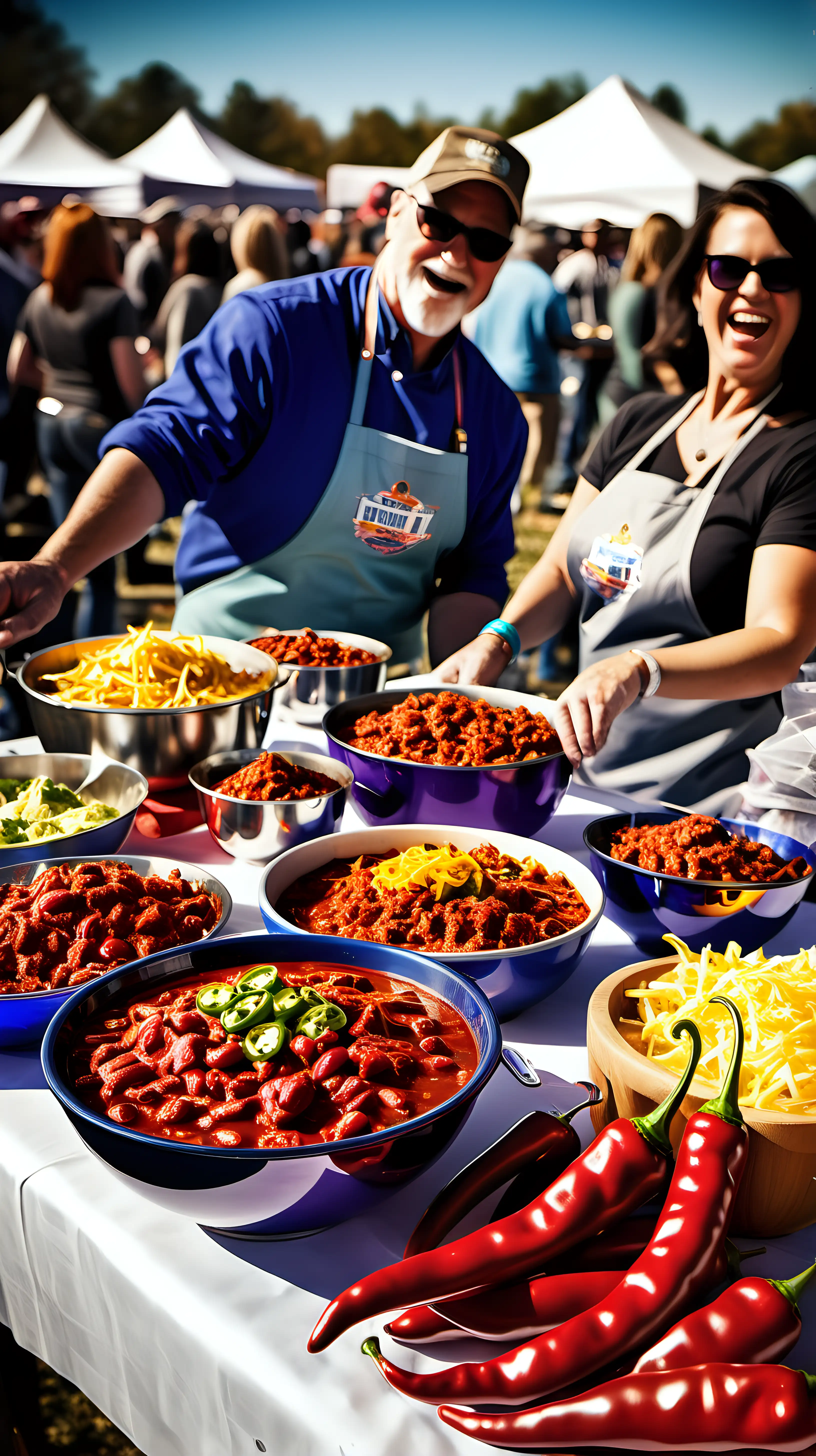 /imagine prompt: A photographic style image capturing the vibrant spirit of a chili cookoff contest outdoors, competitors focused on perfecting their recipes, cheerful crowds tasting, and a display of various trophies gleaming in the background under a bright afternoon sun. Created Using: outdoor festival, recipe perfection, cheerful crowds, tasting event, trophy display, bright afternoon, vibrant spirit, culinary celebration, hd quality, vivid style --ar 16:9 --v 6.0