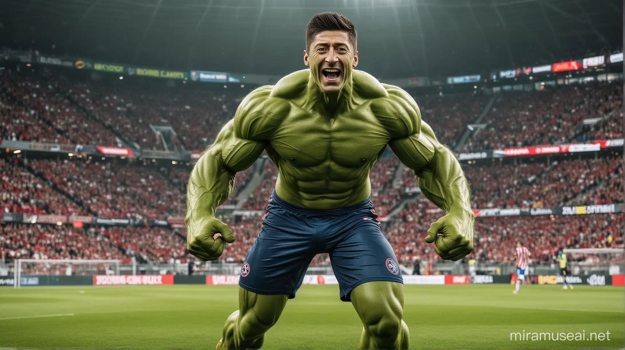 Robert Lewandowski the Soccer player transformes into the comic book superhero Hulk, full body, looking Directly at the Camera, Super Smiley Face, Standing in the football field.
