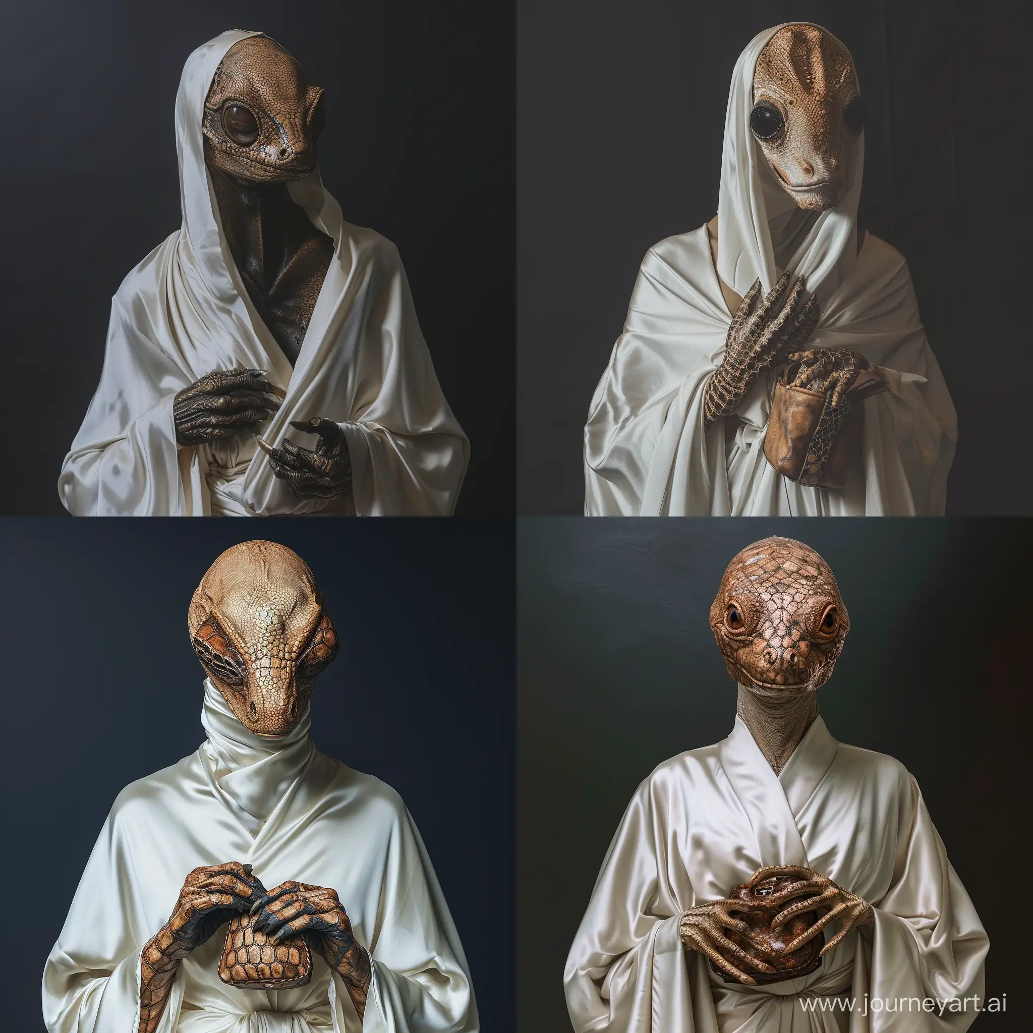Alien with with a human face in white silk robe,  dark flat background, reptile has reptile leather mask on the face, and reptile leather small bag in the hands super realistic and detailed photo. 