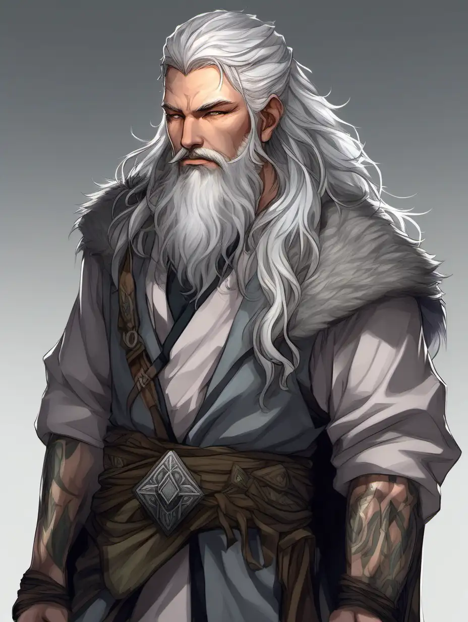 Fantasy GreyHaired Male Druid with Loyal Wolf Companion