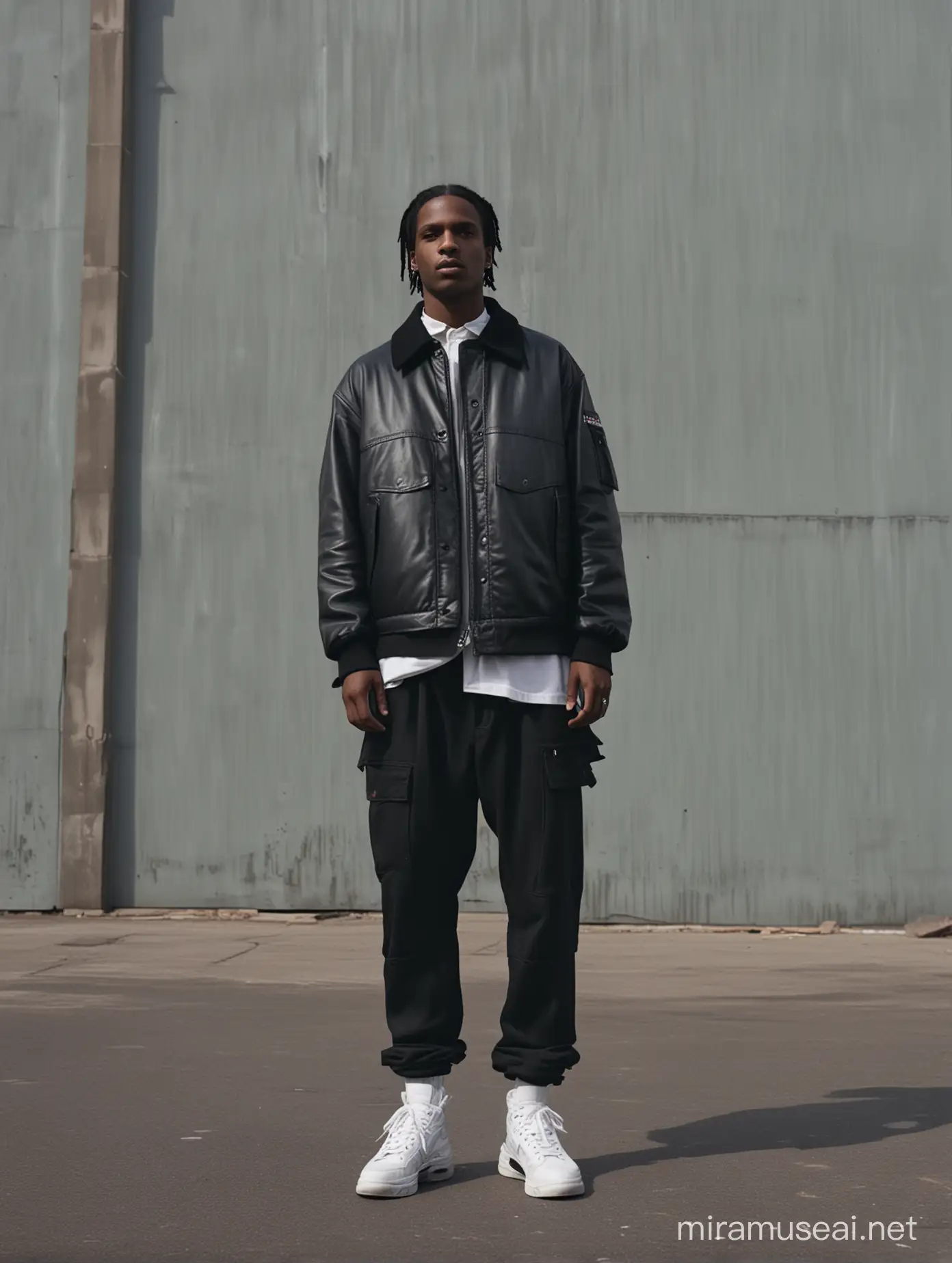 A$AP Rocky x Raf Simons: Against the industrial backdrop of a warehouse, A$AP Rocky embodies urban cool in Raf Simons' avant-garde streetwear. With each movement, Rocky's silhouette blurs against the stark architecture, captured in dynamic shots that convey a sense of raw energy and motion. Cinematic camera angles heighten the drama of the scene, while subtle haze effects soften the harsh light, adding an atmospheric quality to the urban landscape.
