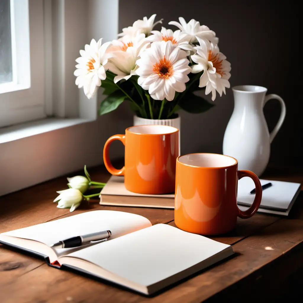 two peachy orange coloured mugs, on a wooden table with a white vase and white flowers. a note book and pen is also on the table, cinematic