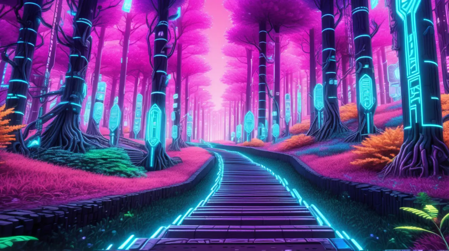 in cartoon, anime style, an image of a colorful cyberpunk video game forest with a long path made of pixels and code, a beautiful, digital wonderland