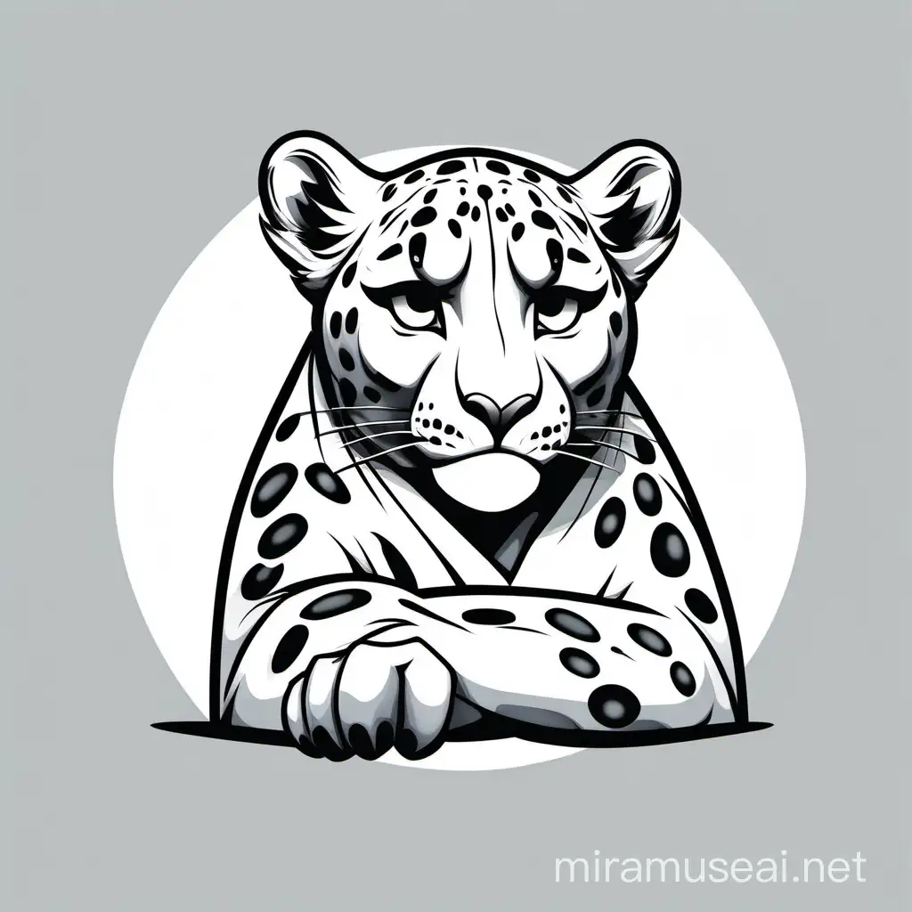 snow leopard, shrug, sad sorry, spreads his hands, oops error, simple logo, minimalist, no background, no shading, black and white only, vector, outline Line art, caricature style, simple. outline and shapes, vector