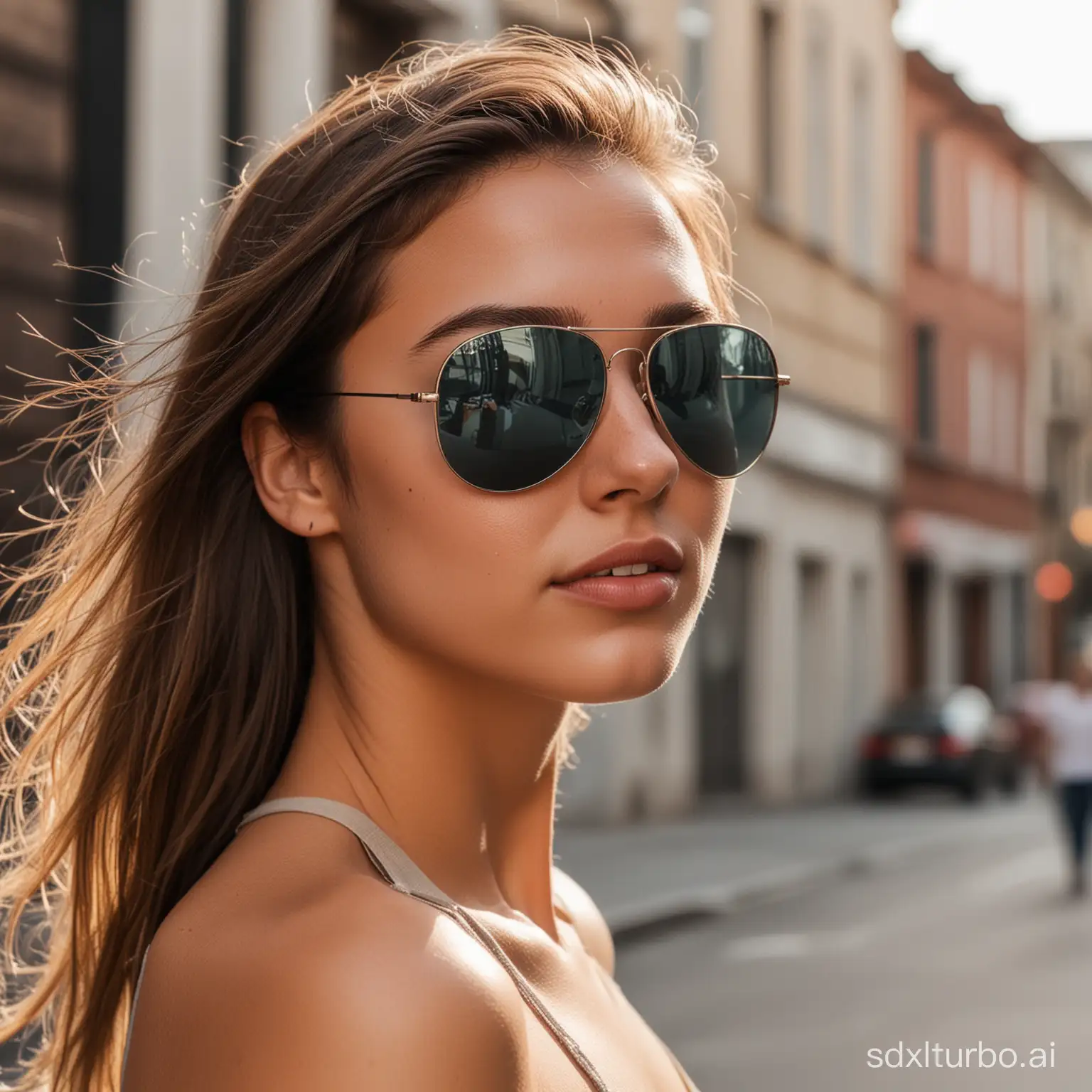 a girl on the street, wearing aviator sunglasses,matt skin,