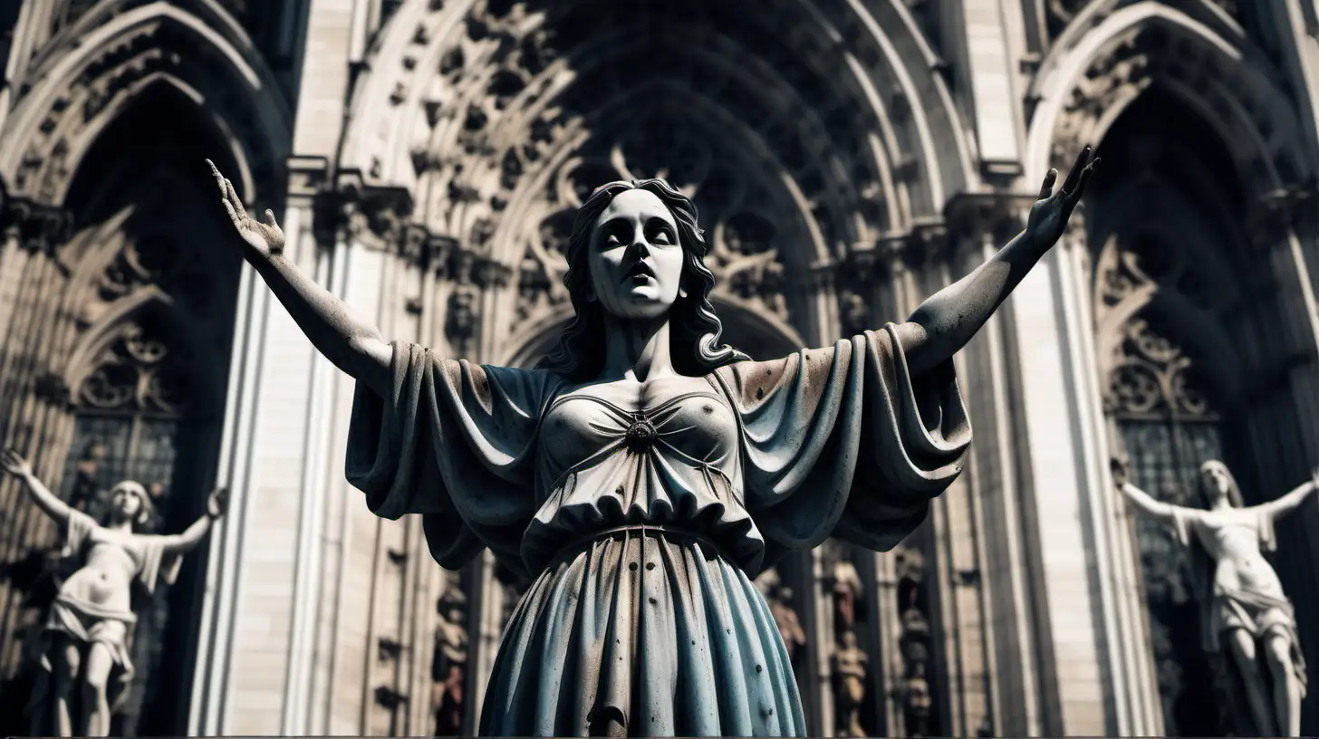 Gothic Statue with Open Arms in Front of Huge Cathedral Facade