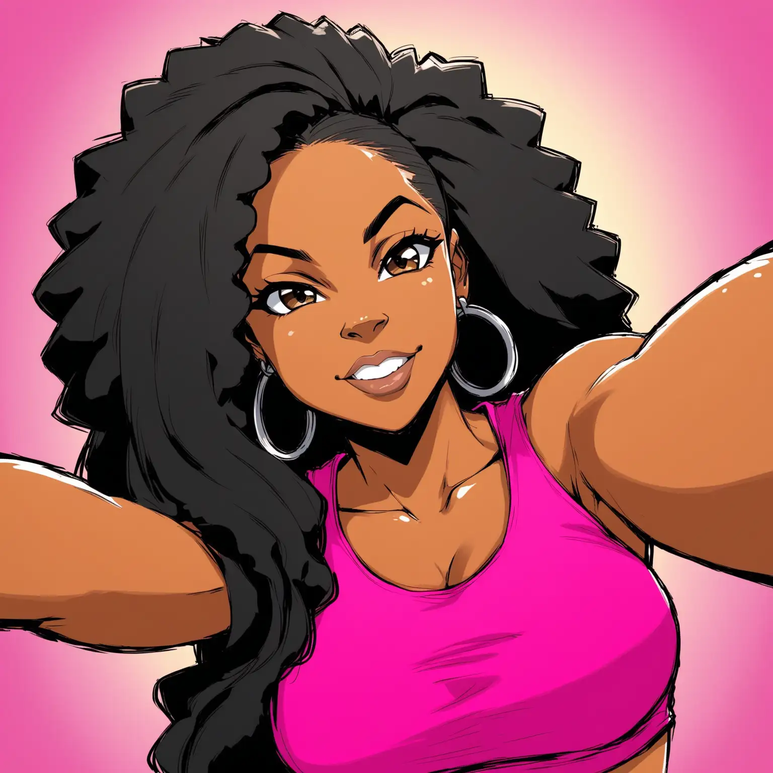 create the boondocks cartoon styled character,  dark skin african american woman with long black hair, with hot pink crop top, selfie picture
