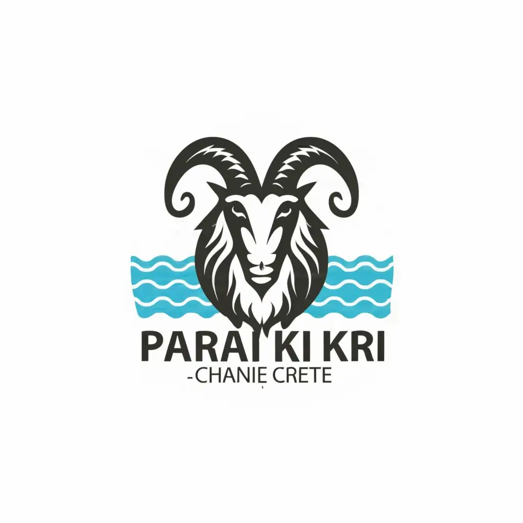 logo, Black and white Logo with Greek mountain goat head with straight pointy horns with ocean waves around it, with the text ""Paralia kri kri" - Chania, Crete", typography, be used in Religious industry