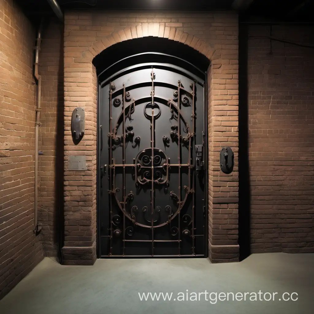 массивная железная дверь, в небольшом коридоре, в подвале