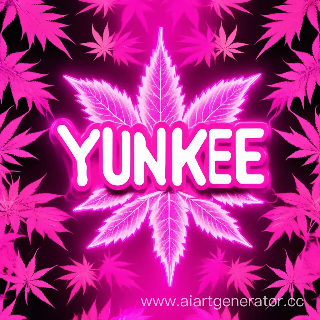 Розовые блики, листья марихуанны, розовый свет, листья закрывают весь фон, по центру текст Yunkee