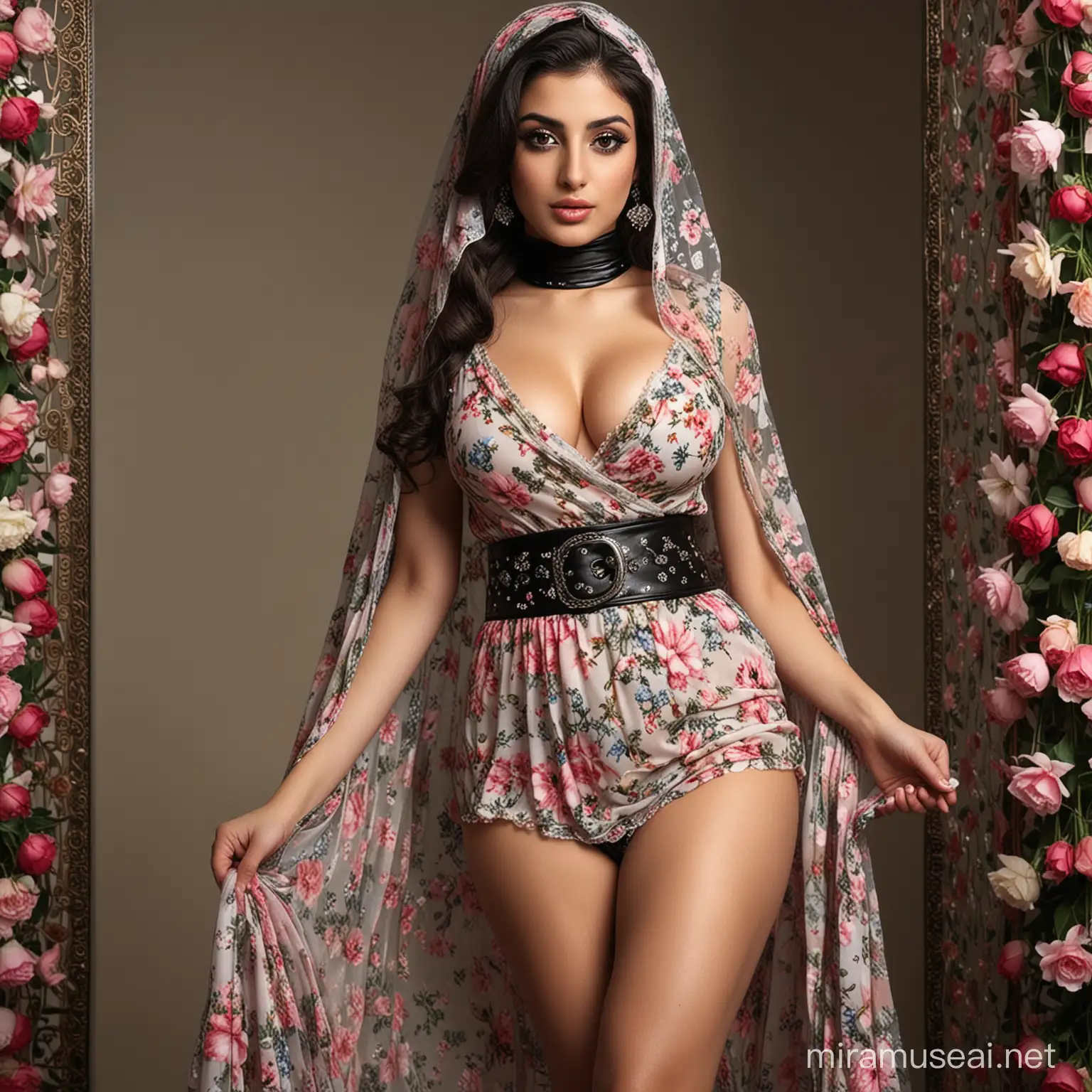 یک دختر حجابی ایرانی با اندام خیلی هیکلی و بزرگ، و قد بلند چشم‌ بزرگ و سیاه دارد، و لب سکسی، و سینه بزرگ، و در کمرش کمربند سیاه، و ران بزرگ و سکسی دارند، لباس گلدار پوشید و چپلک پاشینه بلند دارد