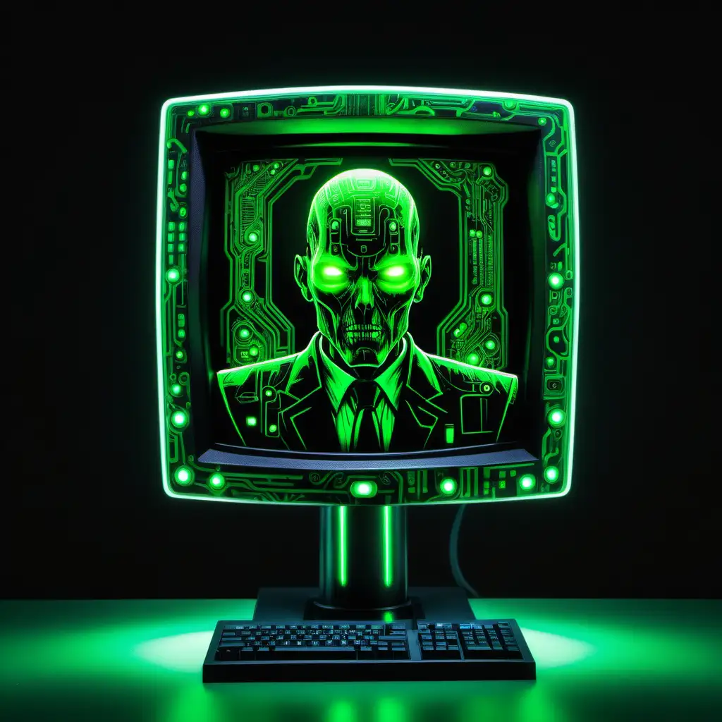crt monitor for head, Necron body, covered in glowing green circuitry, wearing business suit