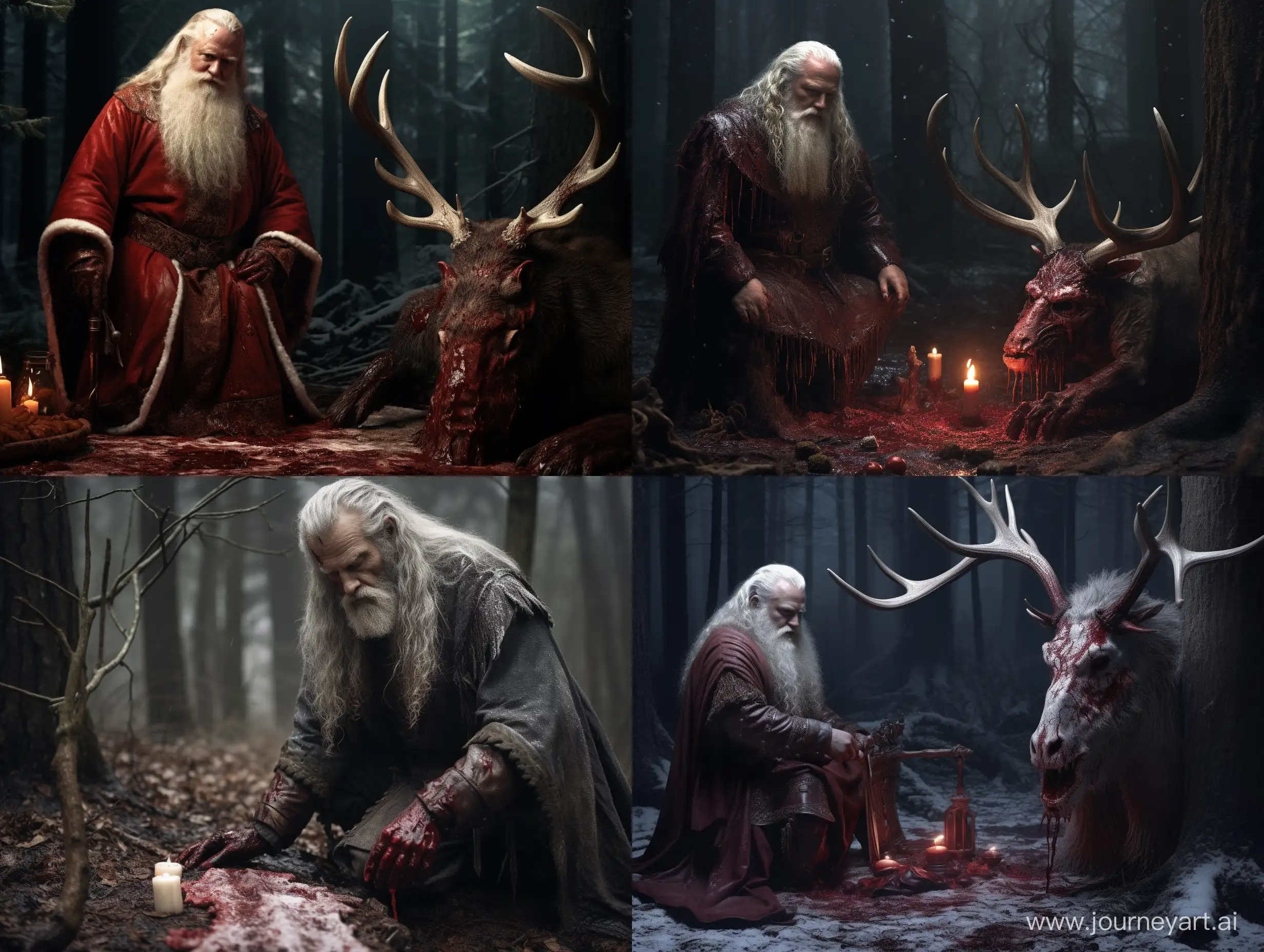 Bloodied-Santa-Viking-with-Looted-Gifts-in-Dark-Rainy-Forest