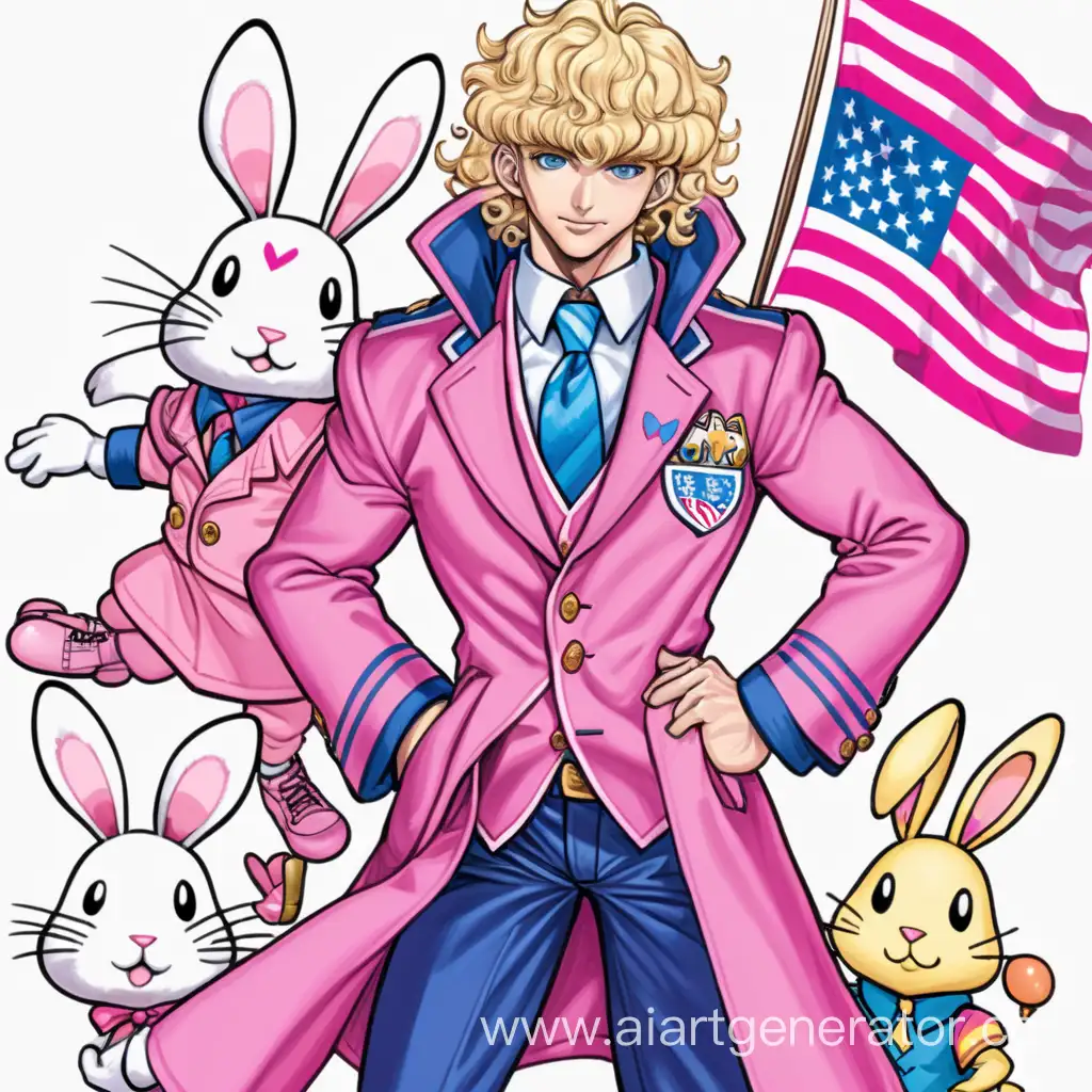 Draw the adult man, in a pink coat with egg and flag USA. In full growth. He has blond curly at the ends hair and there is the blue color man-rabbit jock behind him. His name is Funny Valentine from anime jojo.