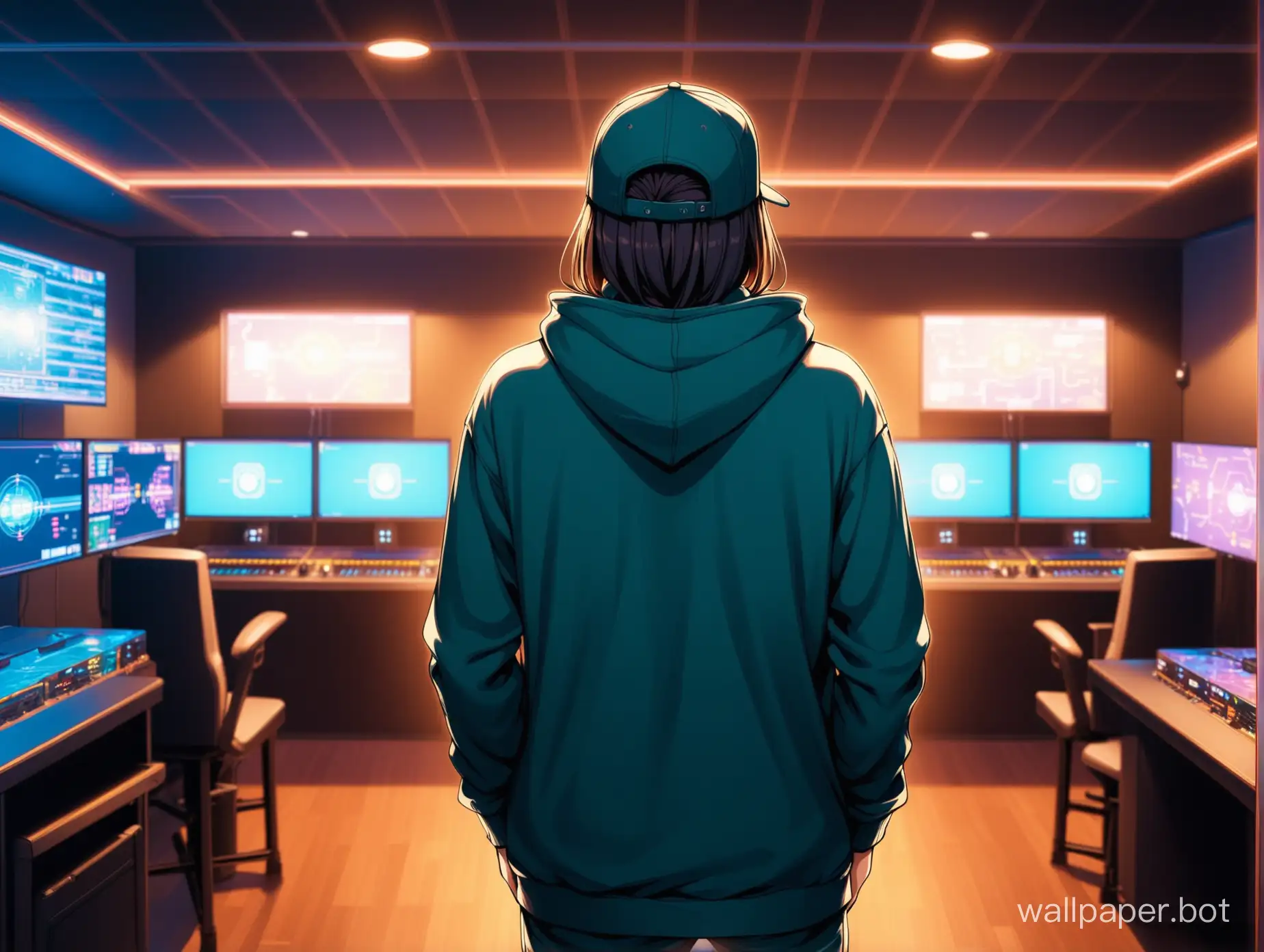 back of a person with hoodie and cap standing in a computer game room