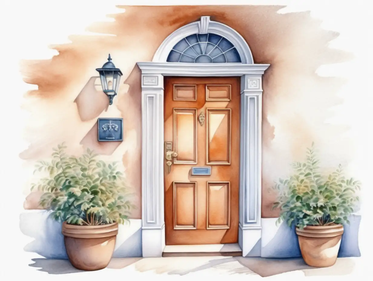 dveře akvarel ilustrace realistická, bílé izolované pozadí, 
