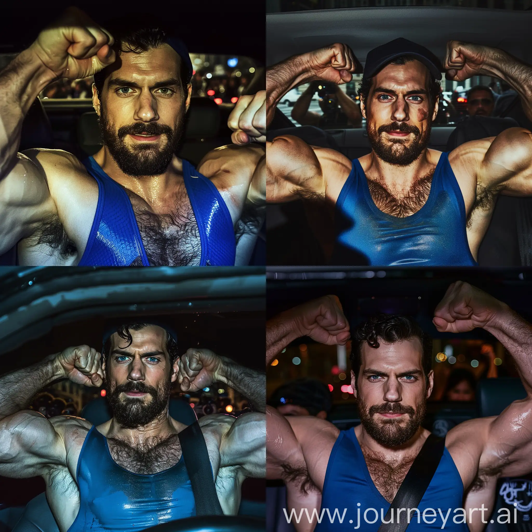 Film lighting, handsome face of actor Henry Cavill, a handsome and burly muscular man in the back seat of the car, wearing a blue tank top, hairy chest big pecs, bearded and handsome Henry Cavill inside a car, dim lighting, sweaty and glistening skin, flexing both his arms, big muscular biceps, wearing a black cap, blurred background paparazzis outside the car