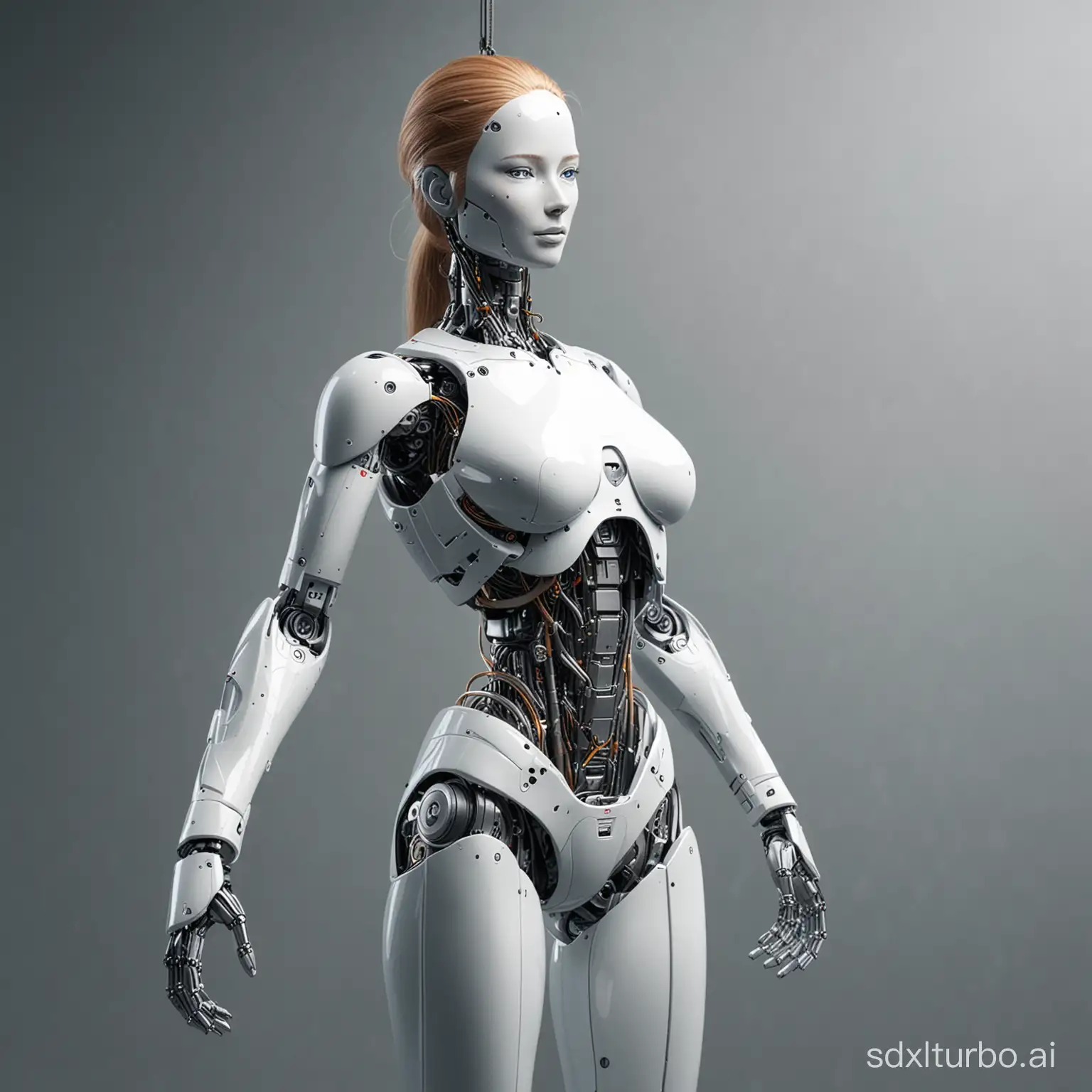 A female robot with only half of its body hanging.